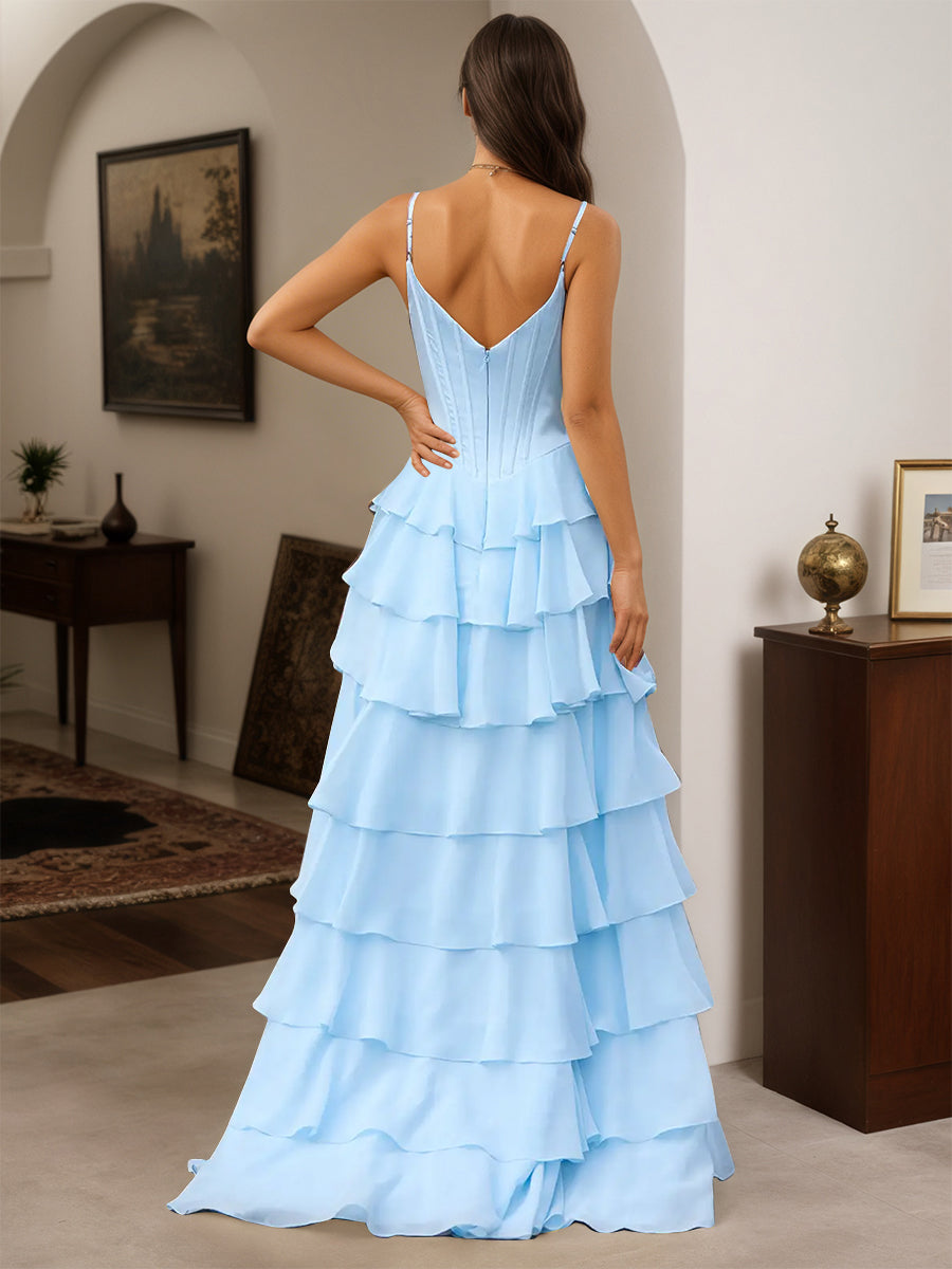 Cicinia Robe de Soirée BLEU CIEL Longue A-Line à Bretelles Spaghetti Longueur Sol Fente à Volants