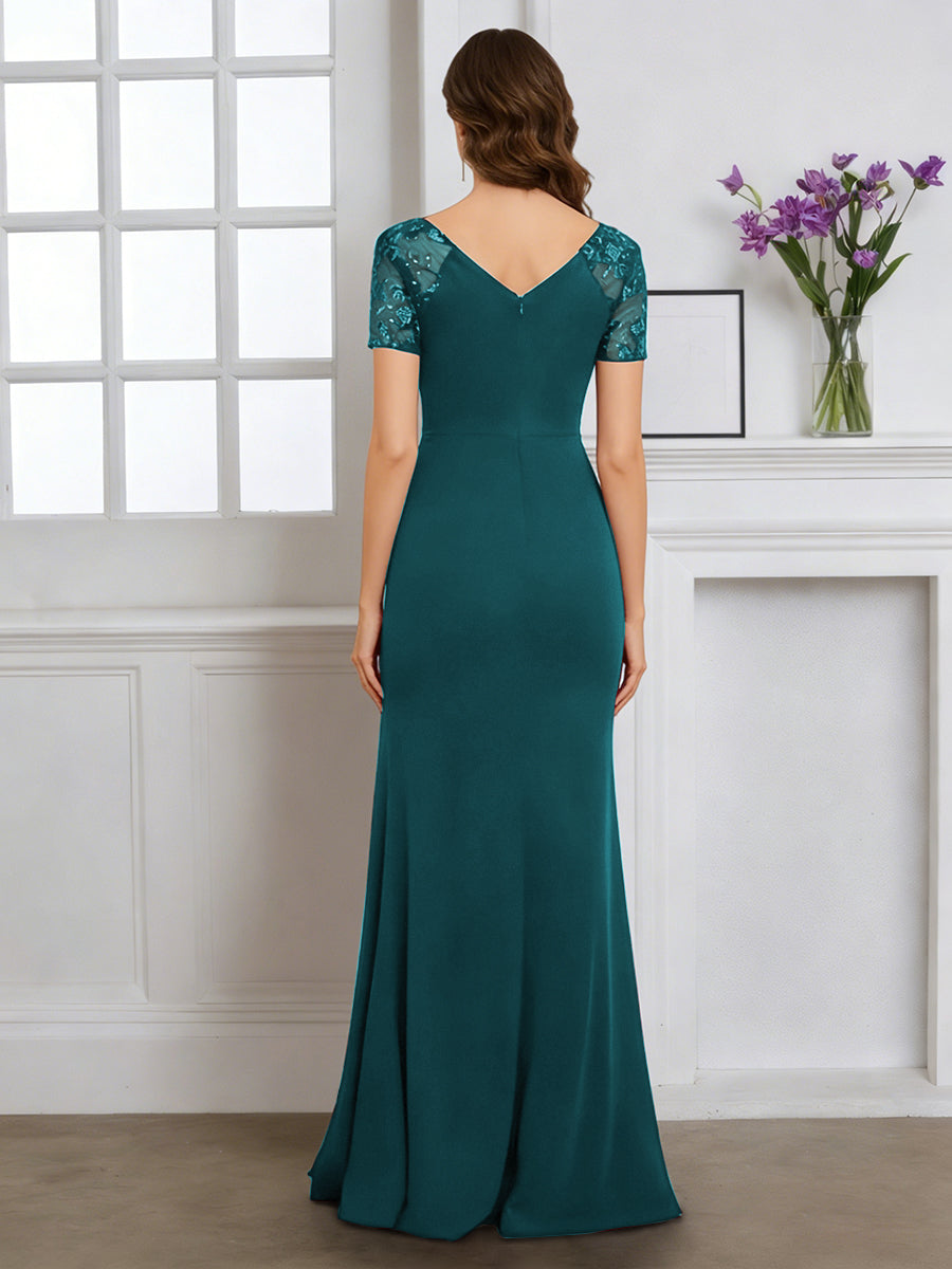Cicinia Robe pour Mère de la Mariée Teal Longue en Tissu Extensible Fourreau Décolleté en V Fente