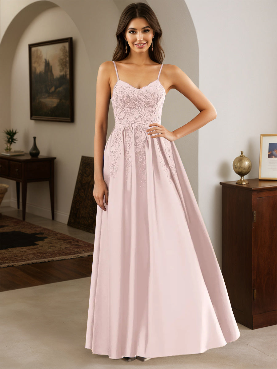 Cicinia Robe de Soirée ROSE PALE Longue A-Line en Satin Appliqués Dentelle Longueur Sol
