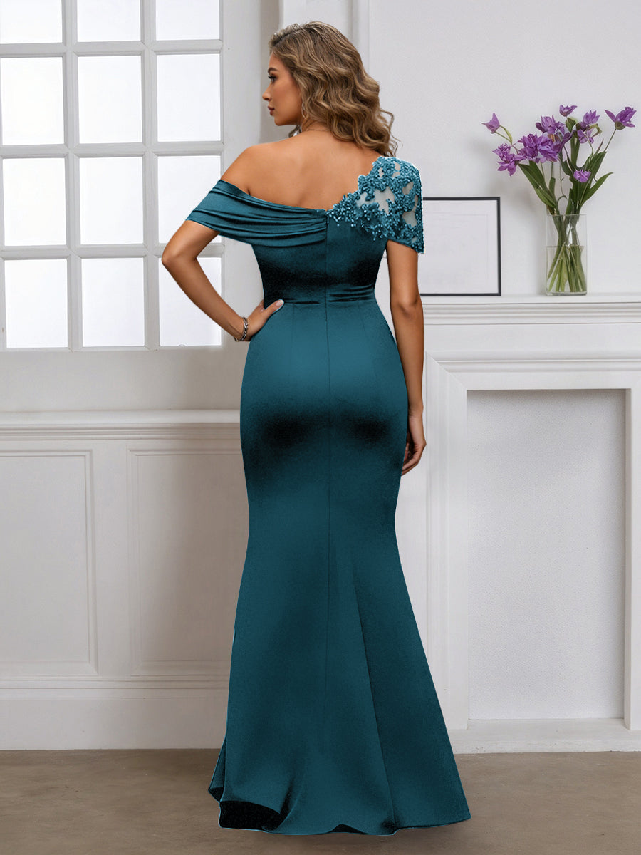 Cicinia Robe pour Mère de la Mariée Teal Longue en Tissu Extensible Fourreau Une Épaule Longueur Sol
