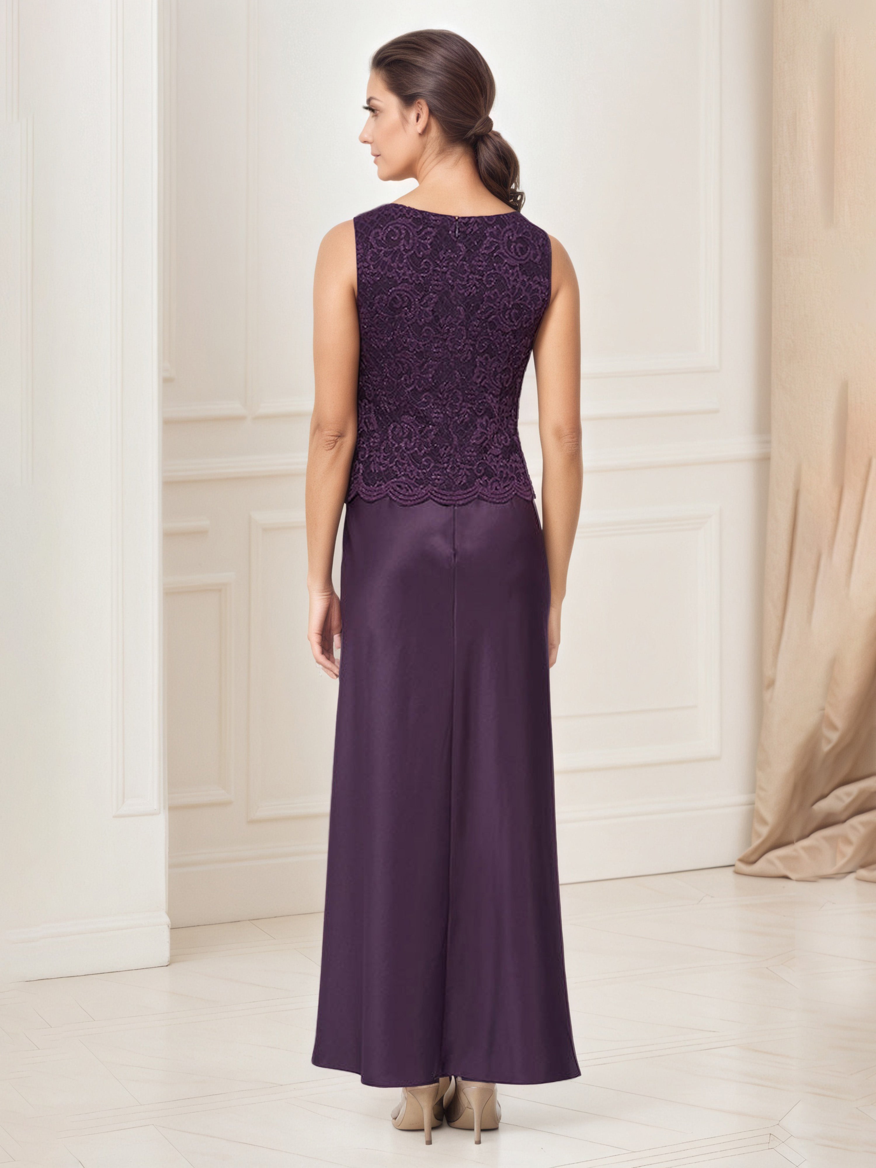 Tenue Mère De la Mariée Très Chic Aubergine Col Rond Robe Ensemble Manches 3/4 Avec Veste en Dentelle