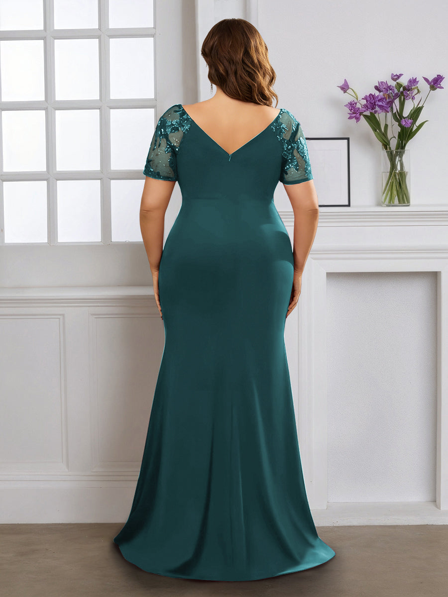 Cicinia Robe pour Mère de la Mariée Teal Longue en Tissu Extensible Fourreau Décolleté en V Fente Gande Taille