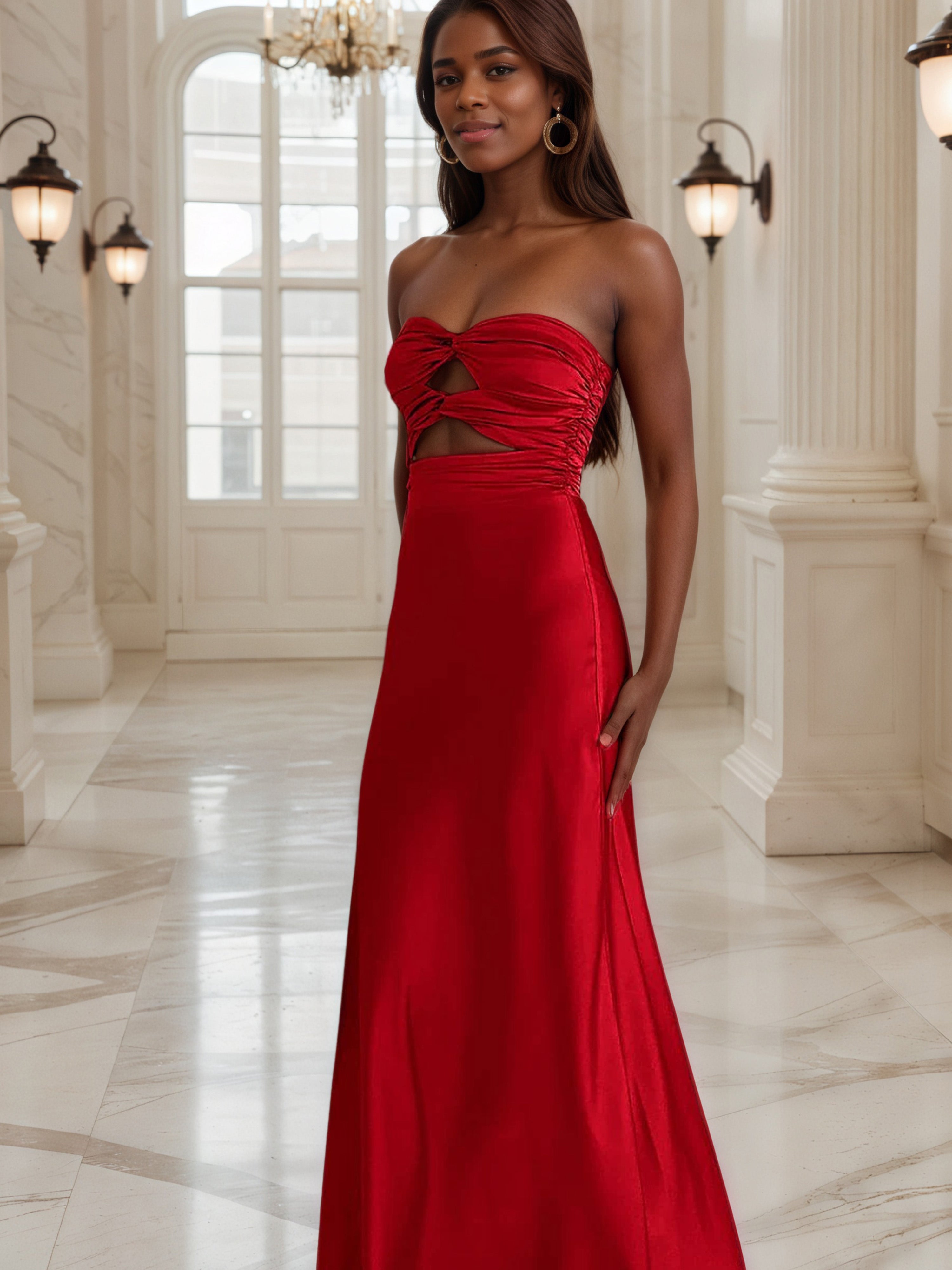 Robe de Soirée Rouge Robe Bustier Fourreau avec Ouverture en Forme de Trou