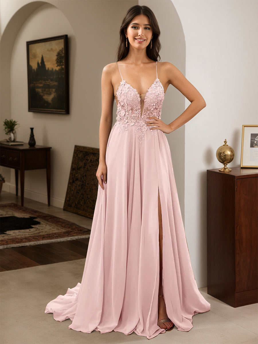 Cicinia Robe de Soirée ROSE POUDRE Longue A-Line en Mousseline à Bretelles Spaghetti Dos Nud