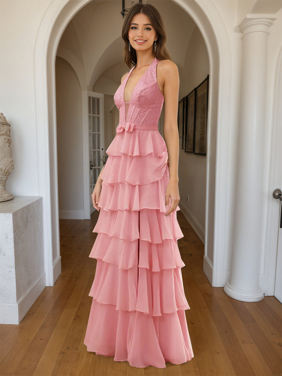 Cicinia Rose Robe de Soirée Longue A-Line en Mousseline Halter Dos Nud à Volants