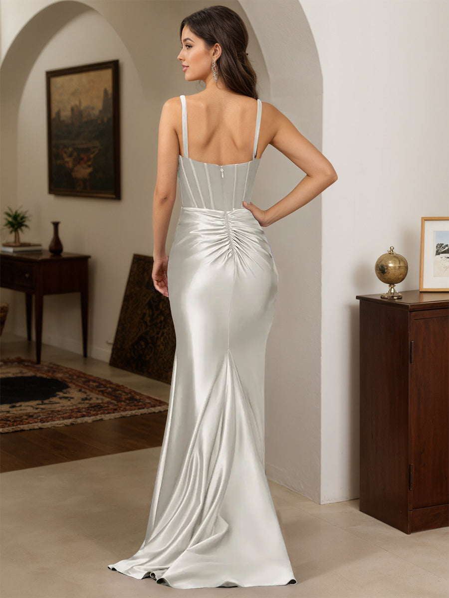 Cicinia Robe de Soirée Argent Longue Fourreau en Satin Extensible Dos Nud sans Manches