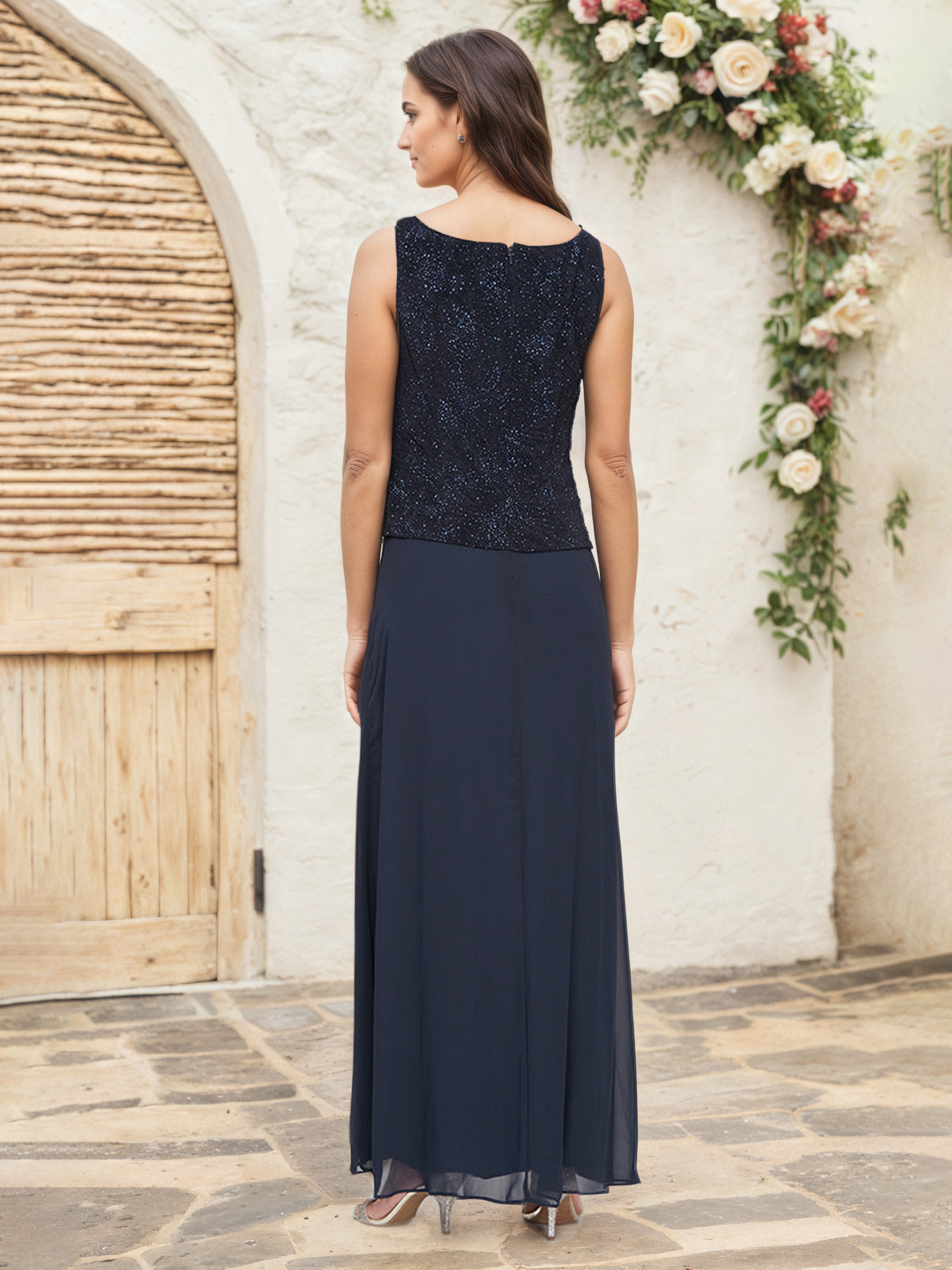 Robe Cérémonie Mariage Mère Du Marié BLEU MARINE Trapèze Col Carré Manches 3/4