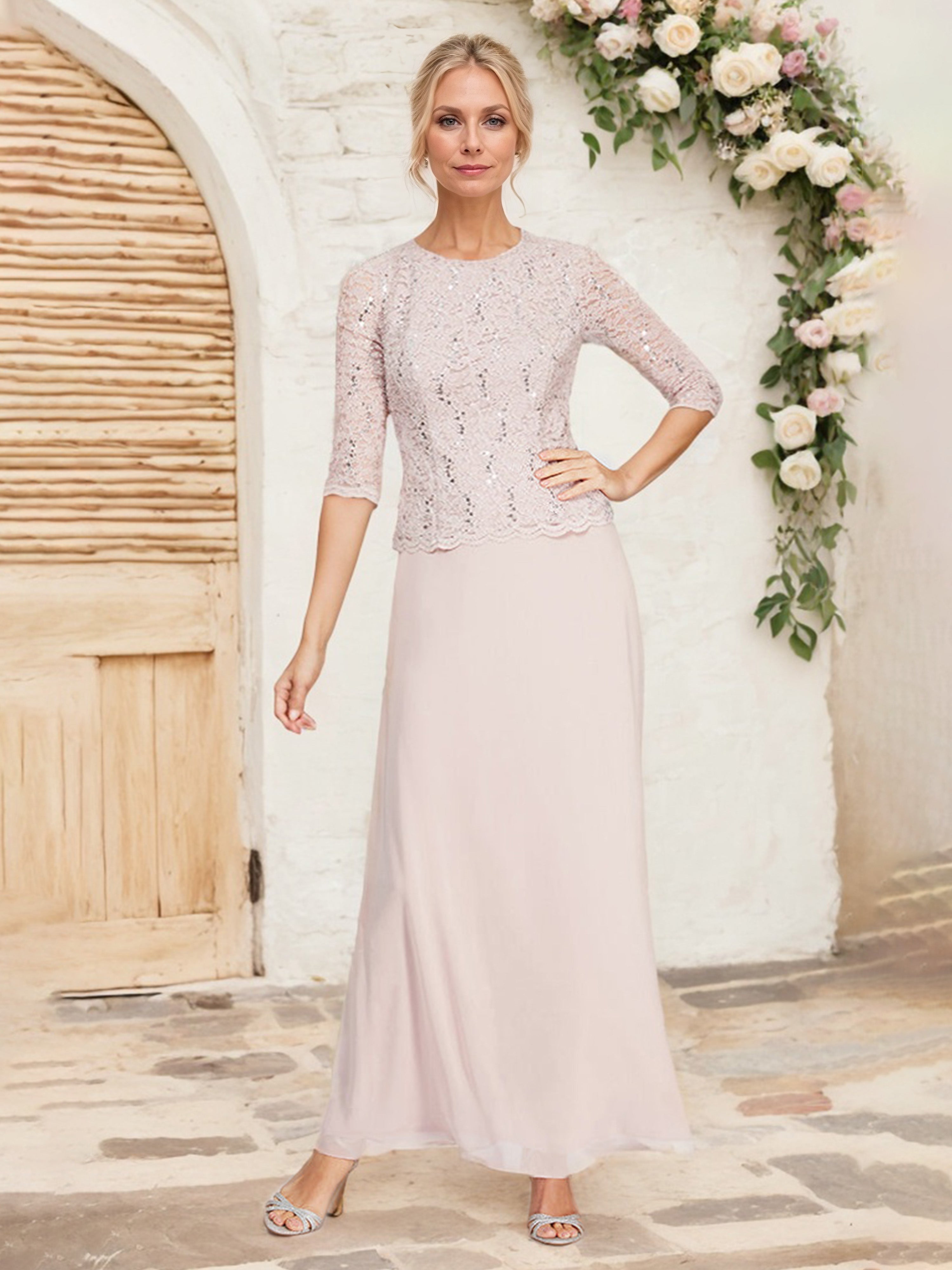 Robe Cérémonie Mariage Mère Du Marié Rose Manches 3/4 Dentelle et Mousseline Robe Mère de la Mariée