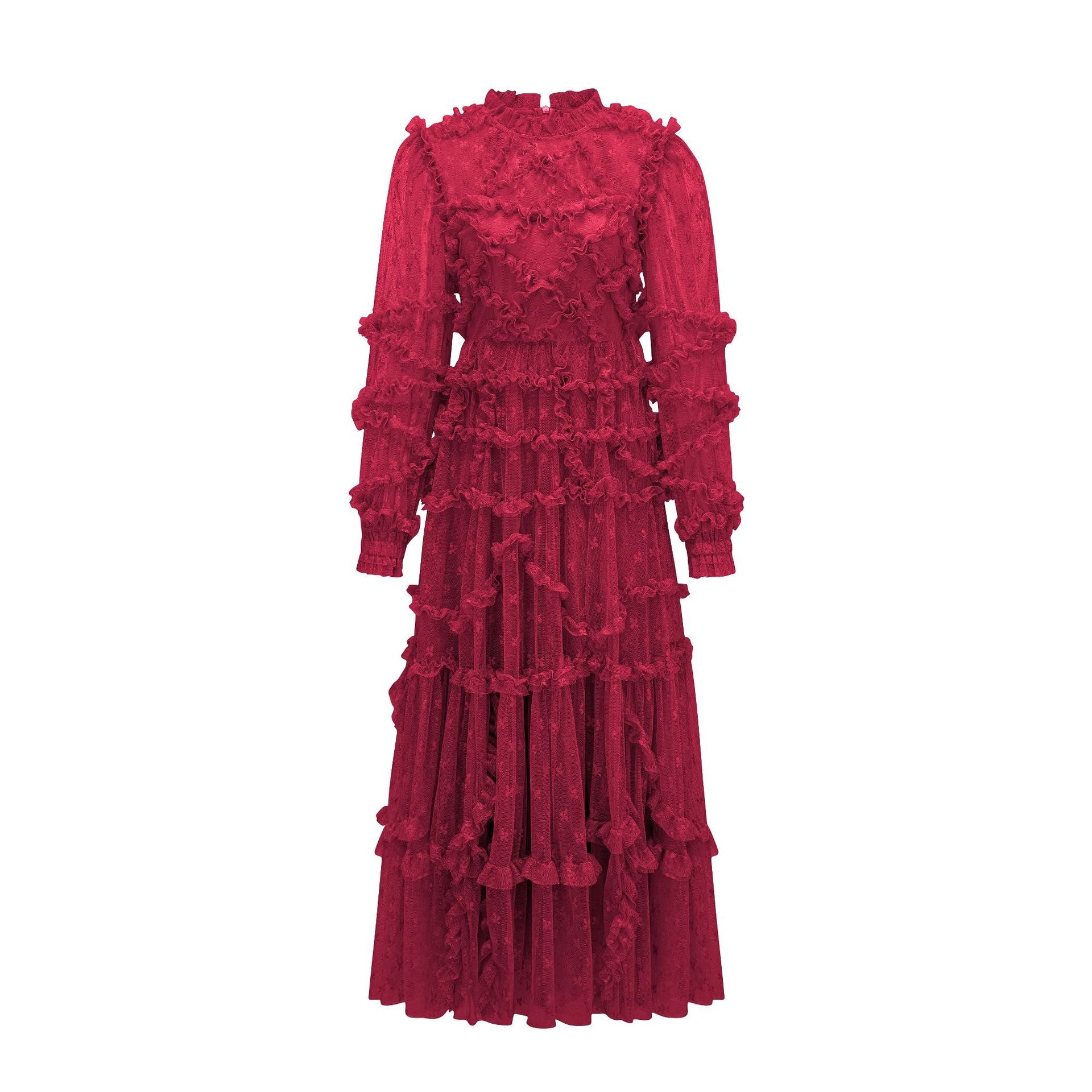 Robe Longue Broderie Trapèze Col Rond Manches Longues Robe de Soirée en Rouge