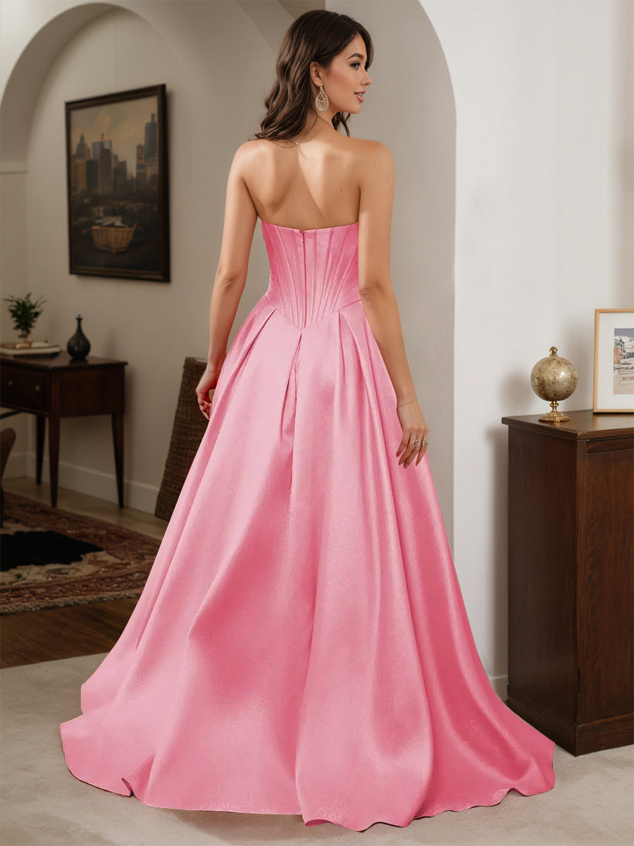 Cicinia Robe de Soirée FLAMANT Longue A-Line en Satin sans Bretelles Longueur Sol