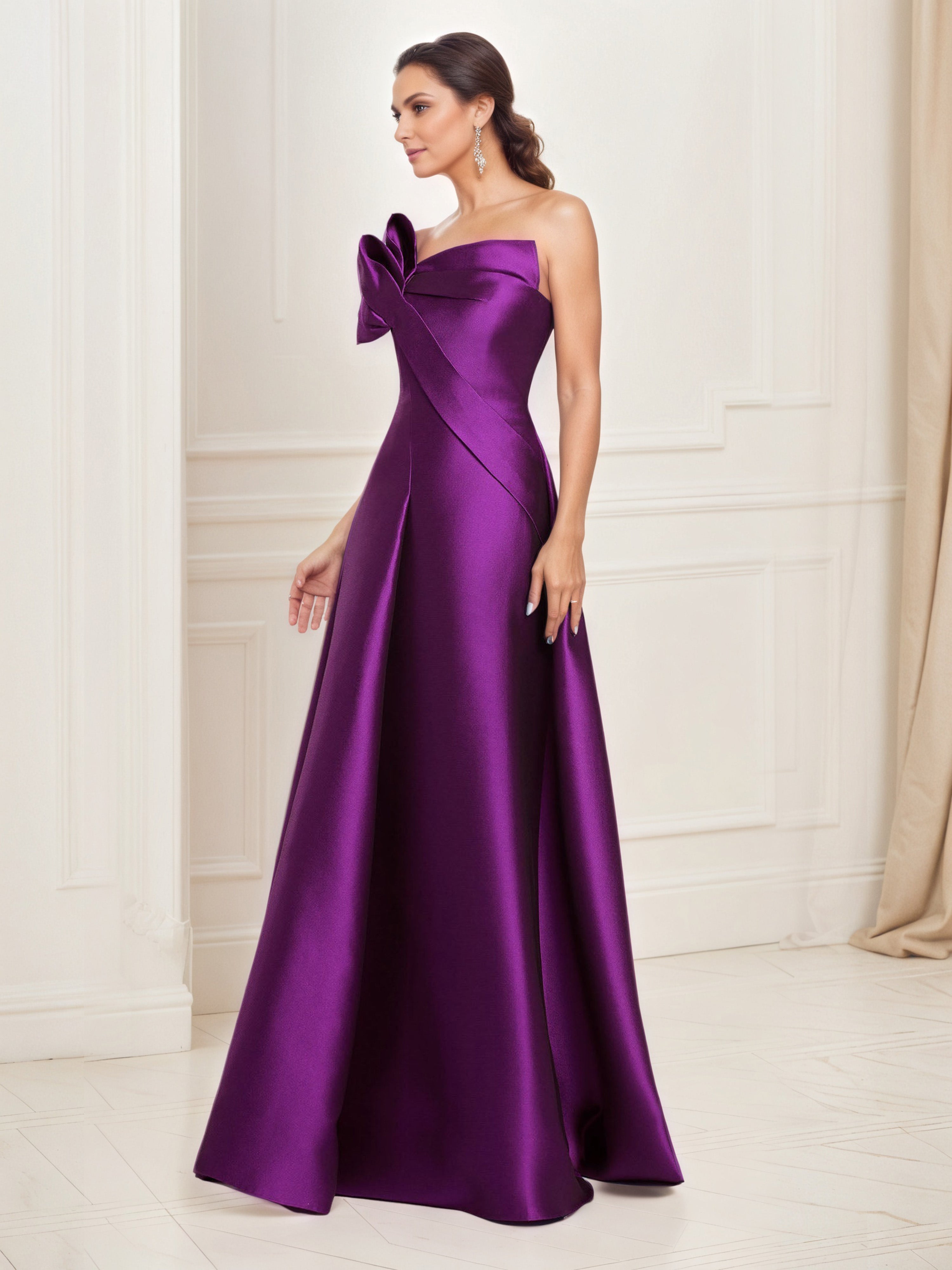 Robe de Bal Longue RAISIN A-Line en Satin Sans Bretelles avec Volants Décoratifs