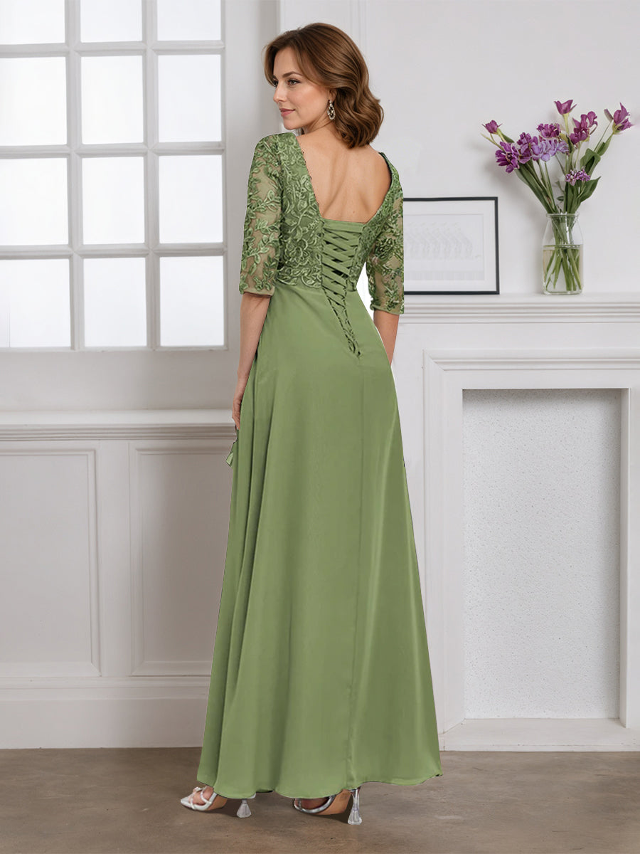 Cicinia Robe pour Mère de la Mariée SAUGE POUDREE Longue A-Line en Mousseline Dentelle Décolleté en V Longueur Sol