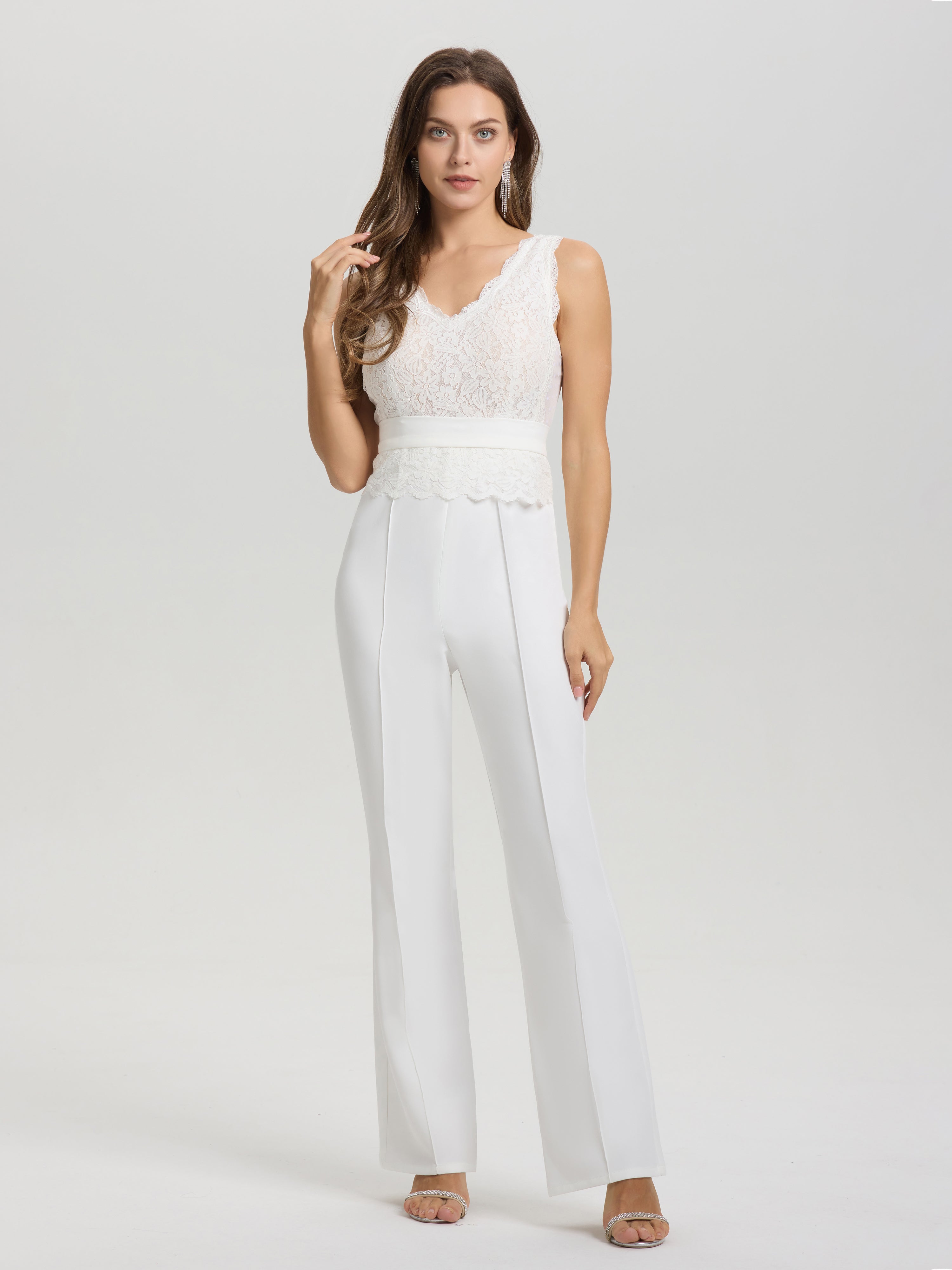 Doux Col V Sans Manches Robe de Mariée Pantalon