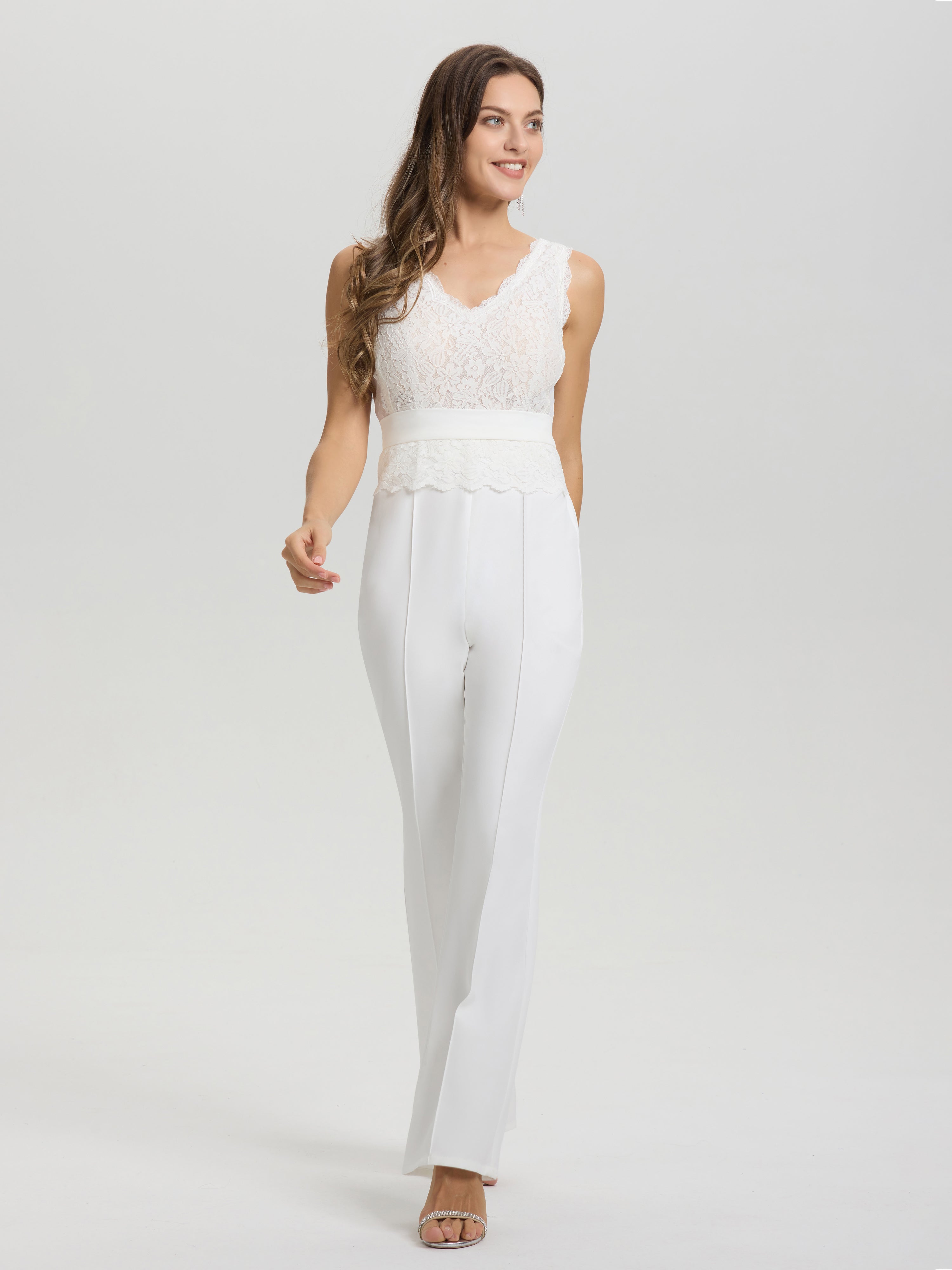 Doux Col V Sans Manches Robe de Mariée Pantalon