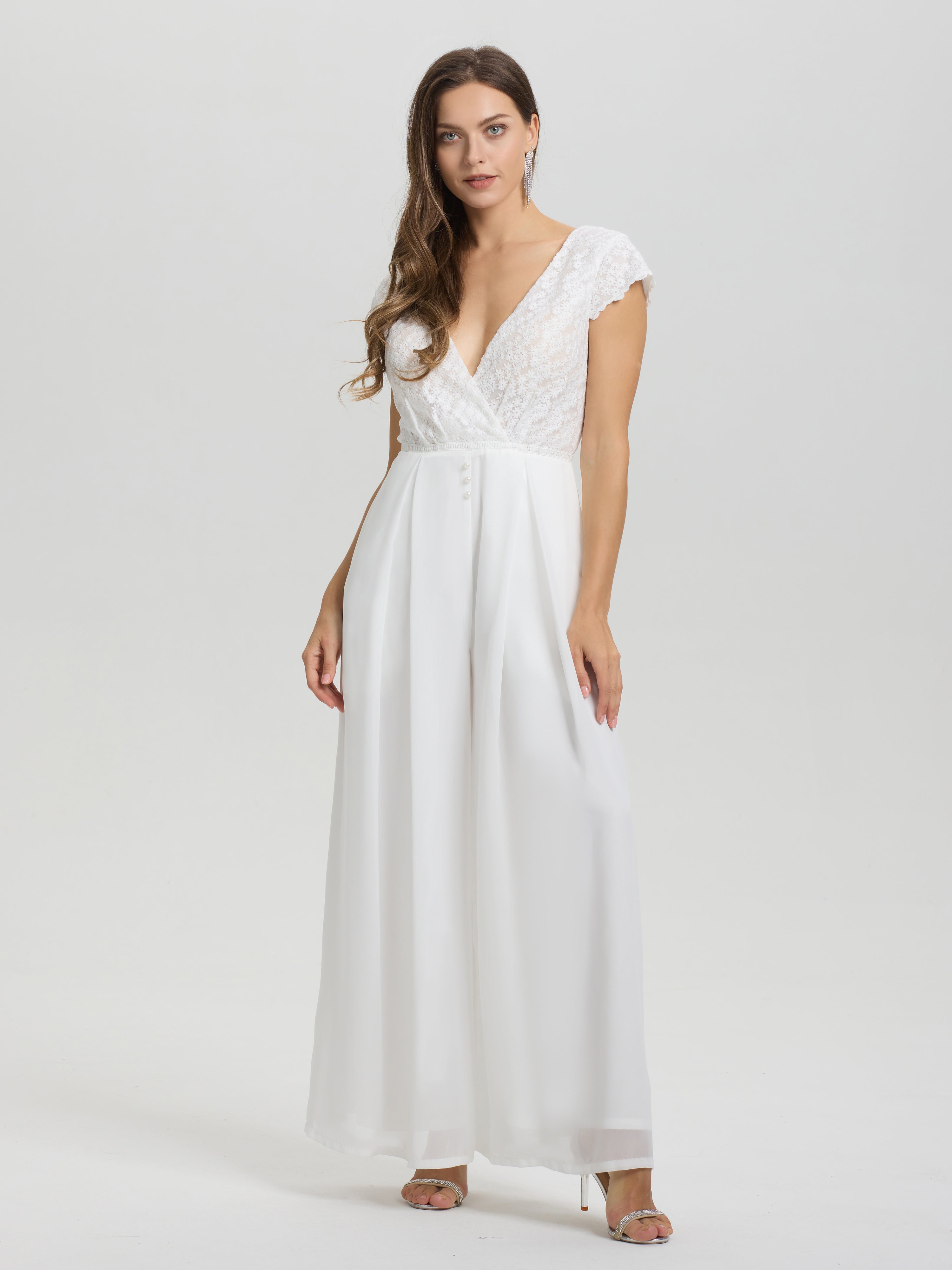 Col V Manches Courtes Dos nu Mousseline Robe de Mariée pantalon