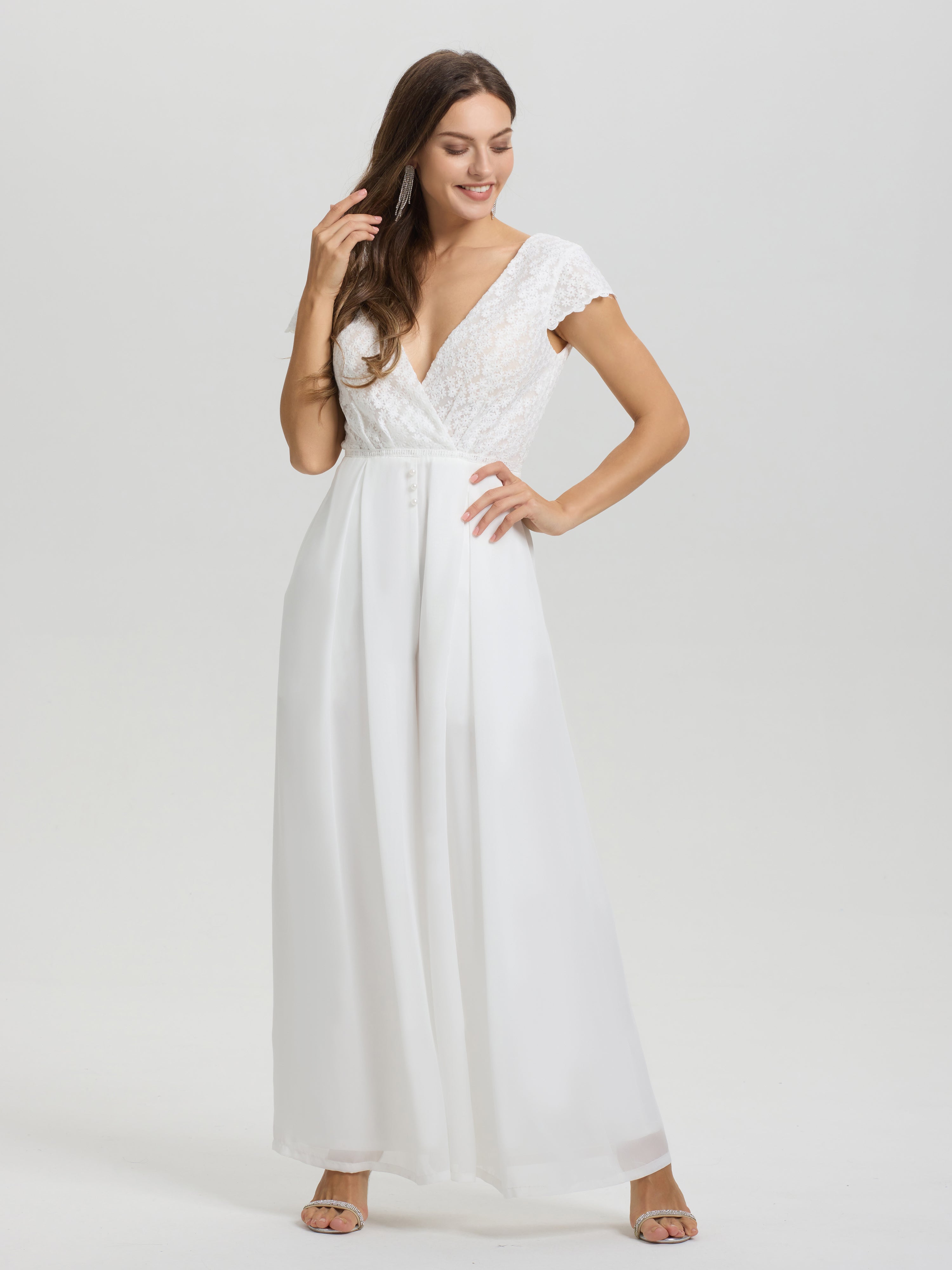Col V Manches Courtes Dos nu Mousseline Robe de Mariée pantalon