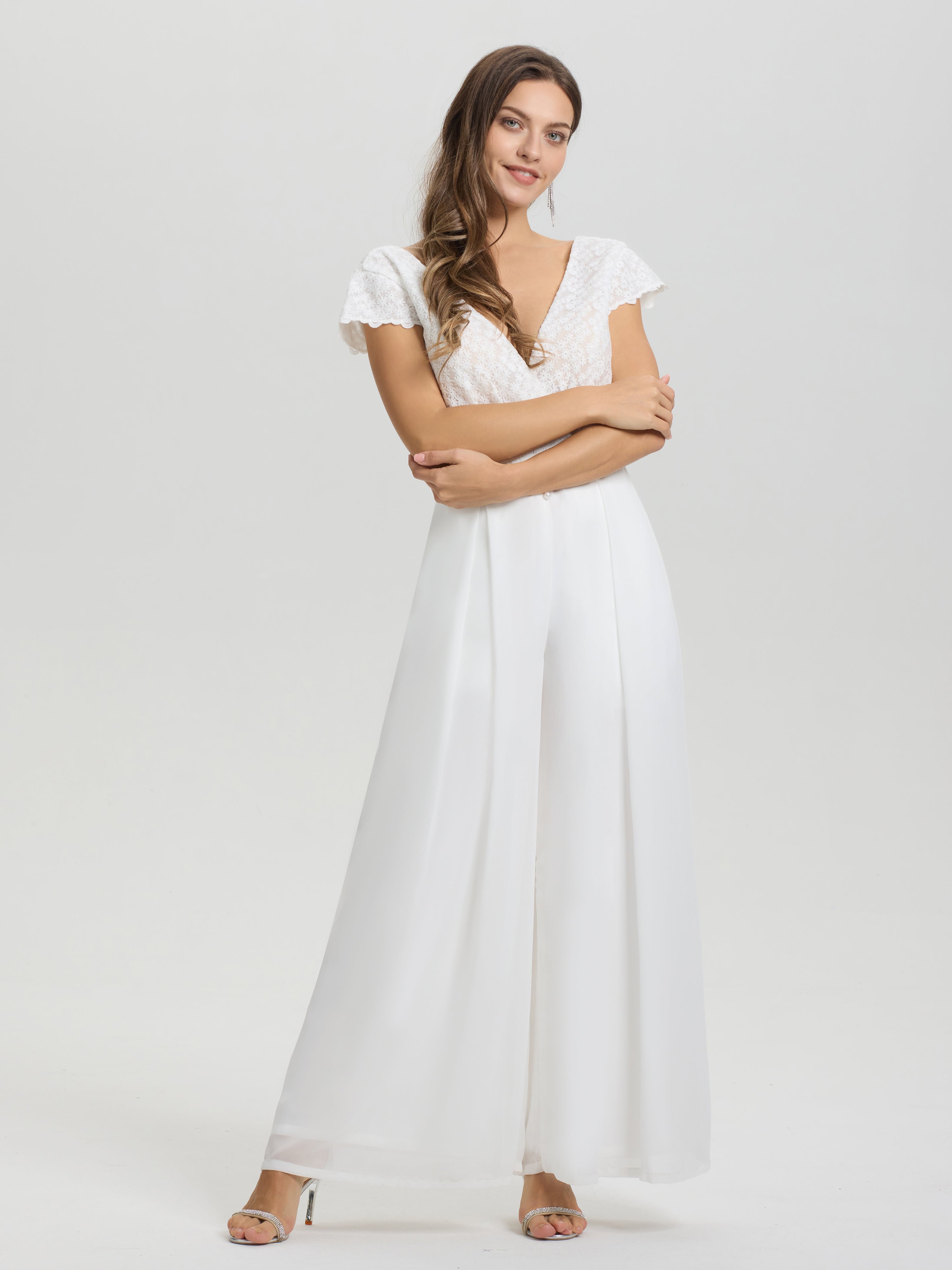 Col V Manches Courtes Dos nu Mousseline Robe de Mariée pantalon
