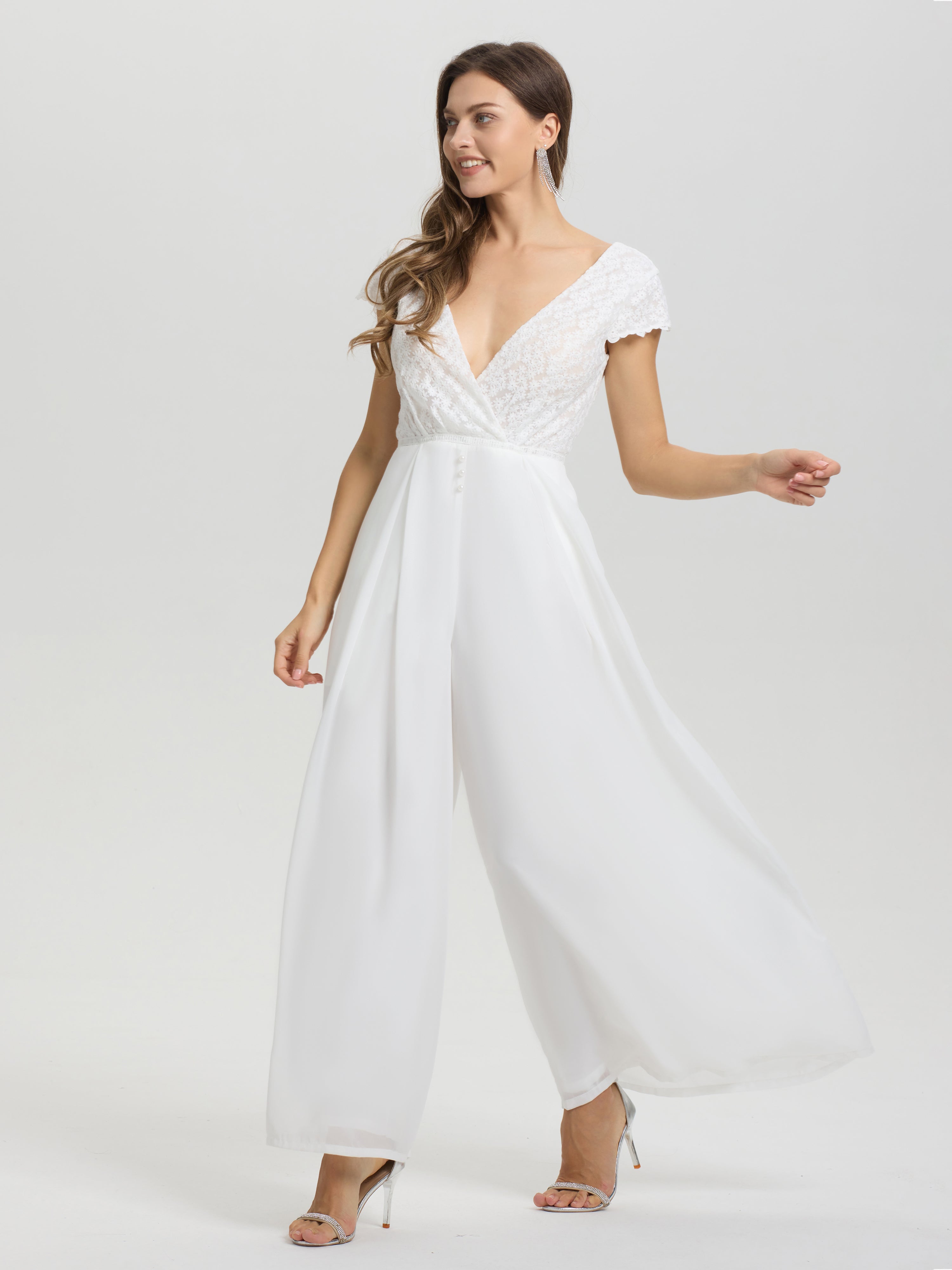 Col V Manches Courtes Dos nu Mousseline Robe de Mariée pantalon