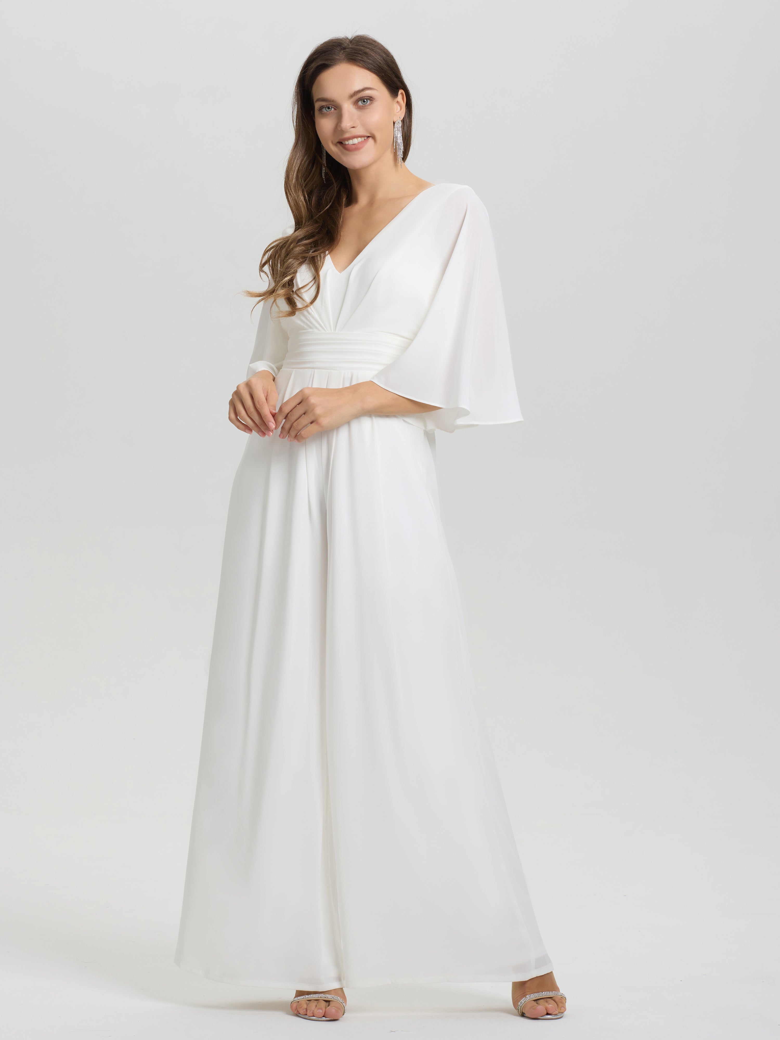 Col V Demi-Manches Mousseline Robe de Mariée Pantalon