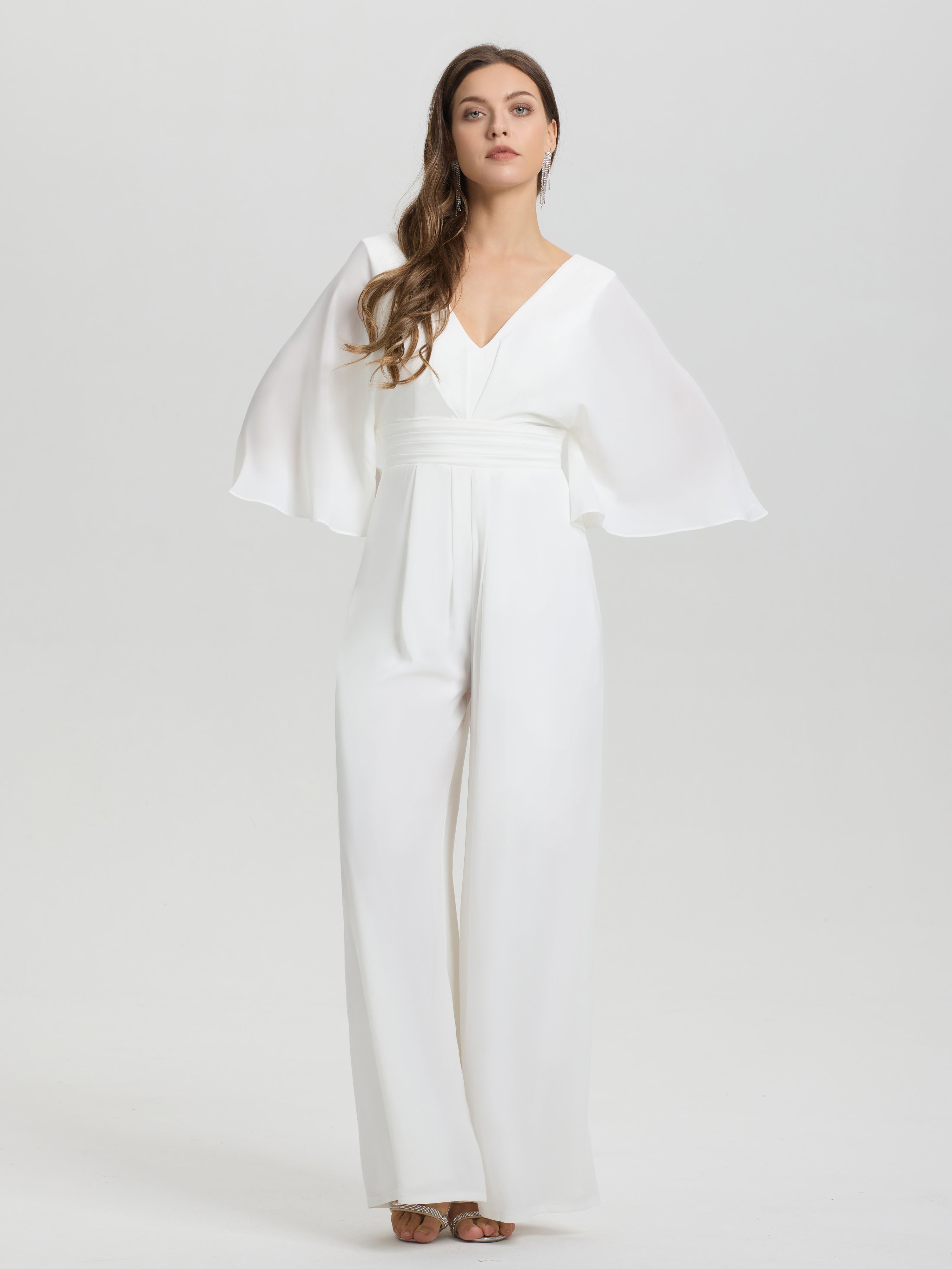 Col V Demi-Manches Mousseline Robe de Mariée Pantalon