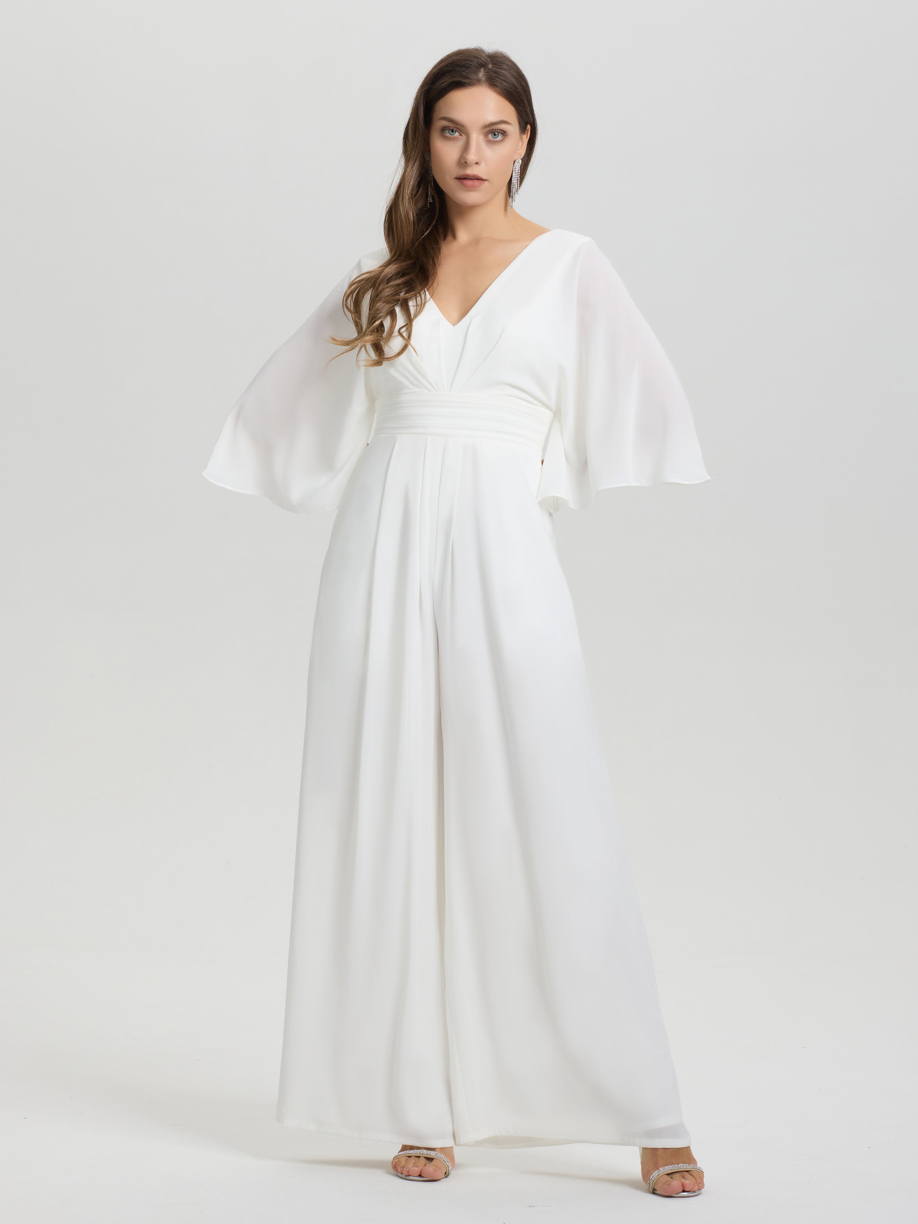Col V Demi-Manches Mousseline Robe de Mariée Pantalon