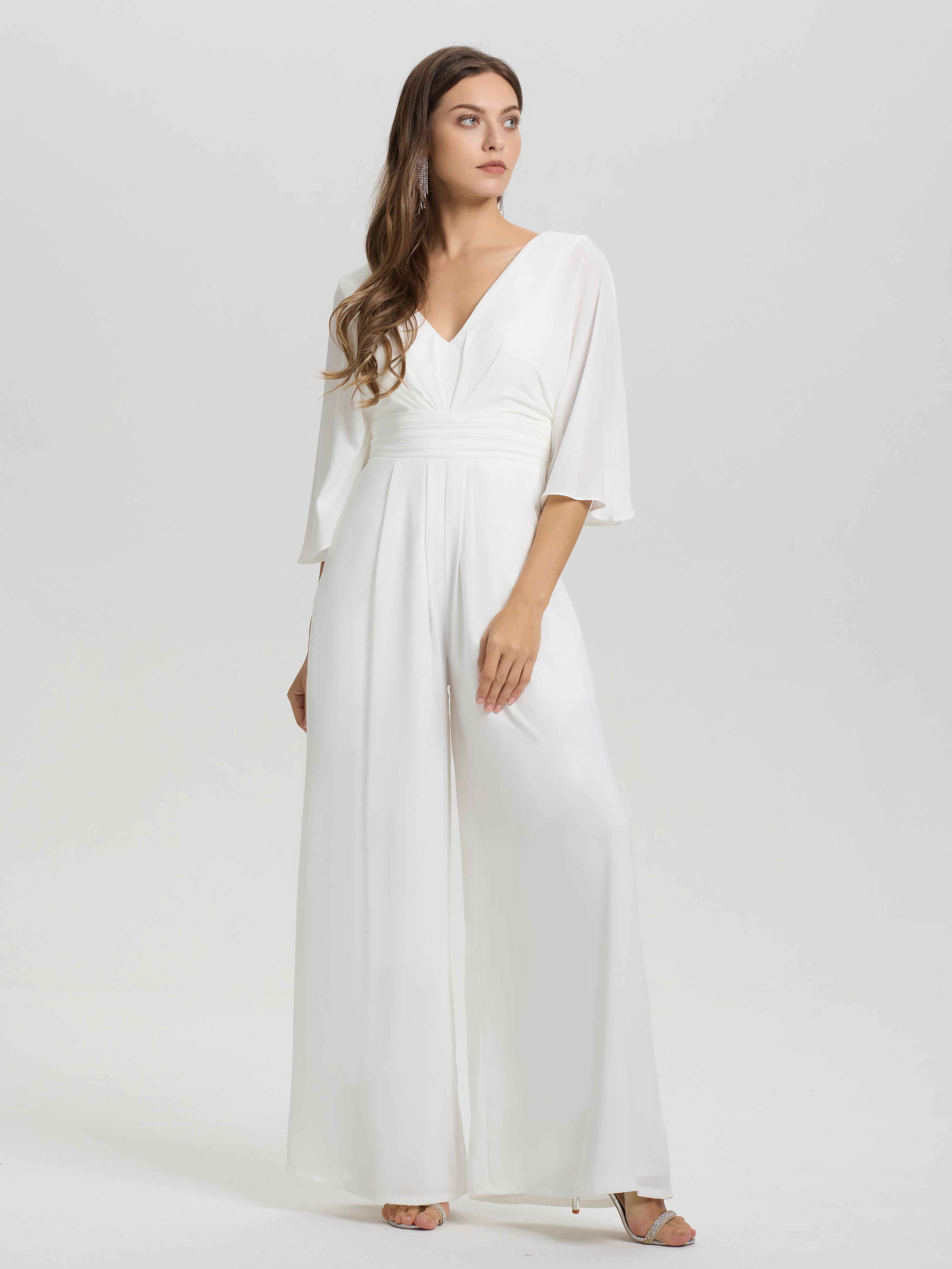 Col V Demi-Manches Mousseline Robe de Mariée Pantalon