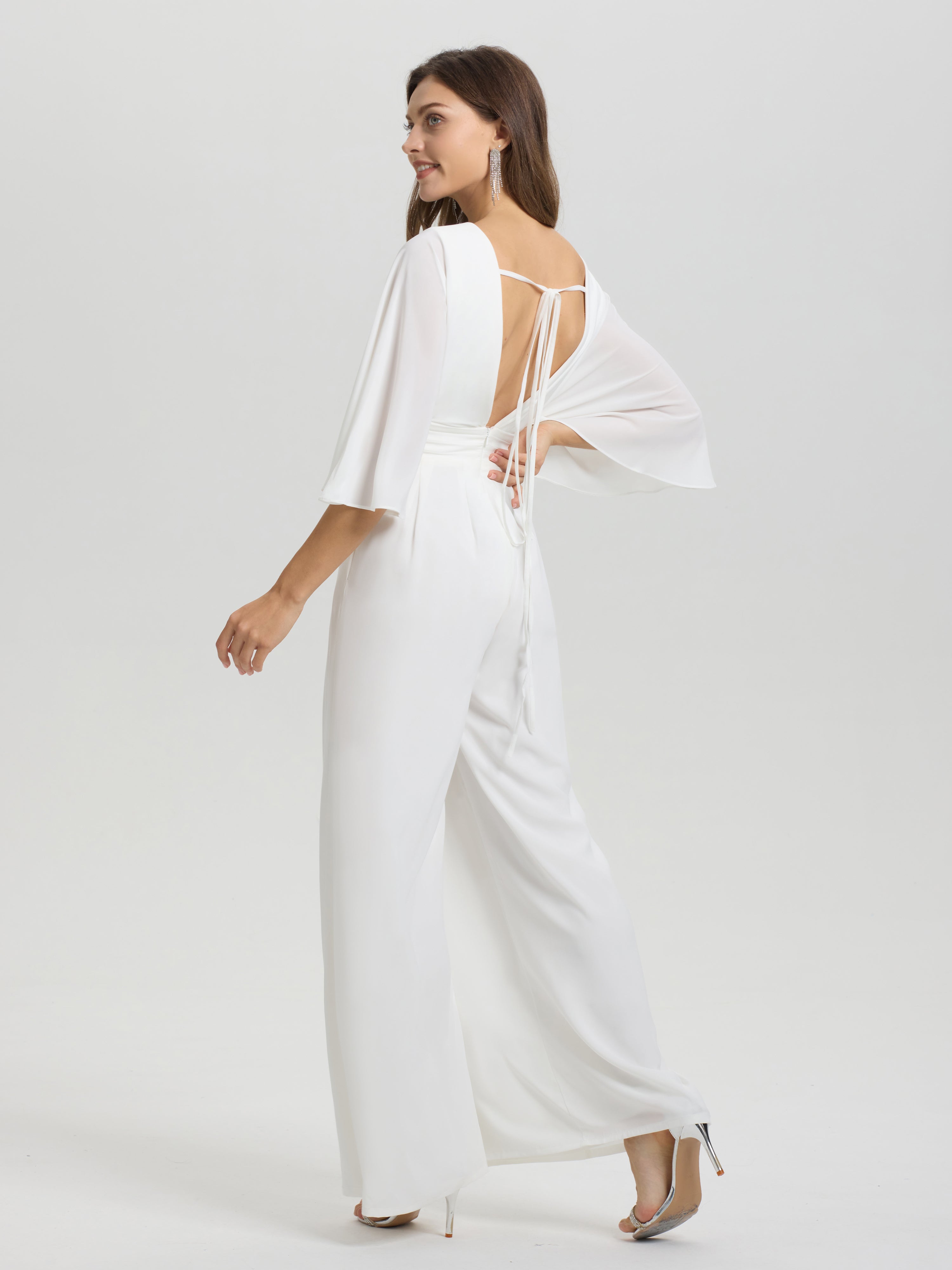 Col V Demi-Manches Mousseline Robe de Mariée Pantalon