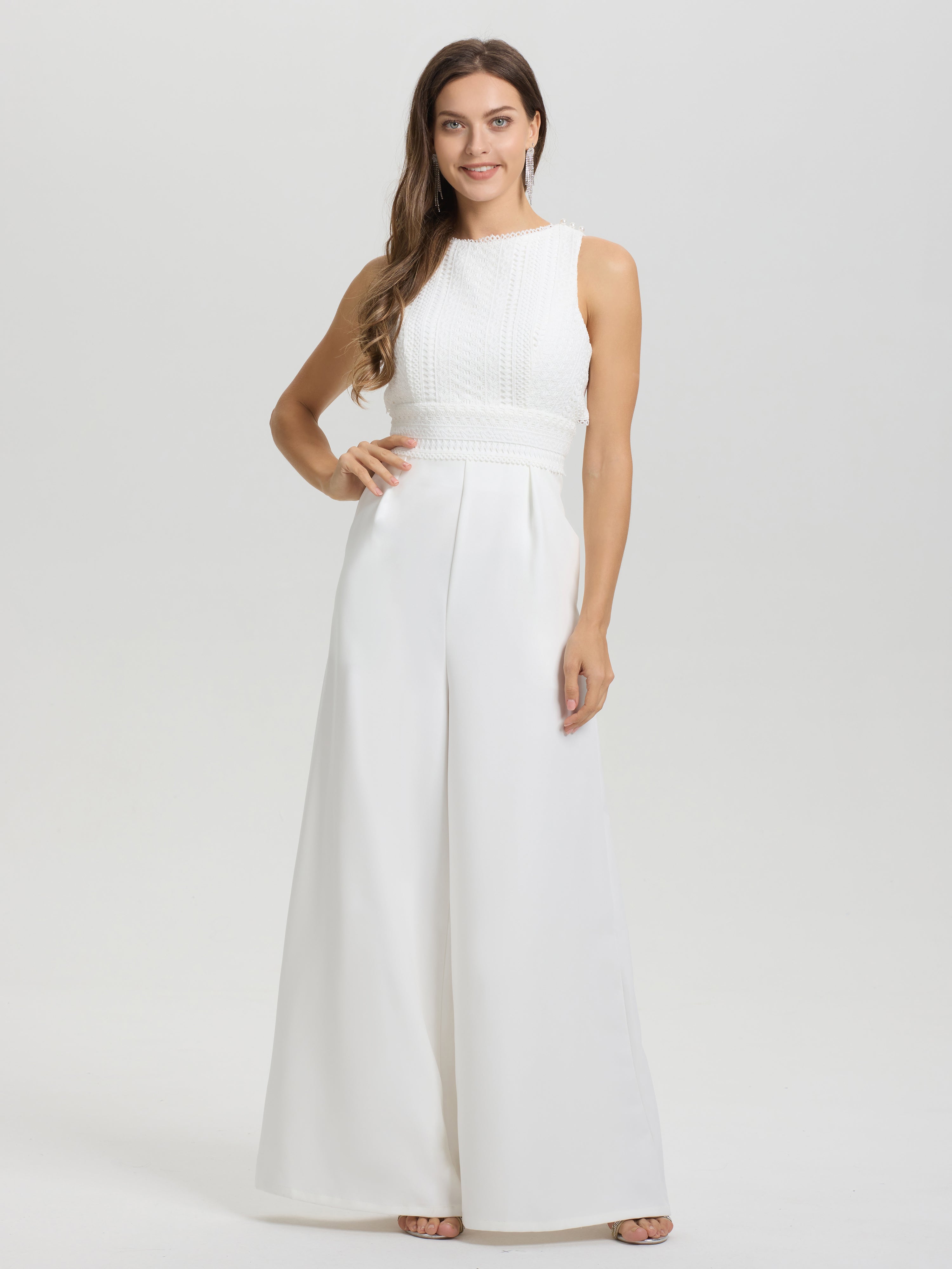 Col Bateau Sans Manches Robe de Mariée Pantalon