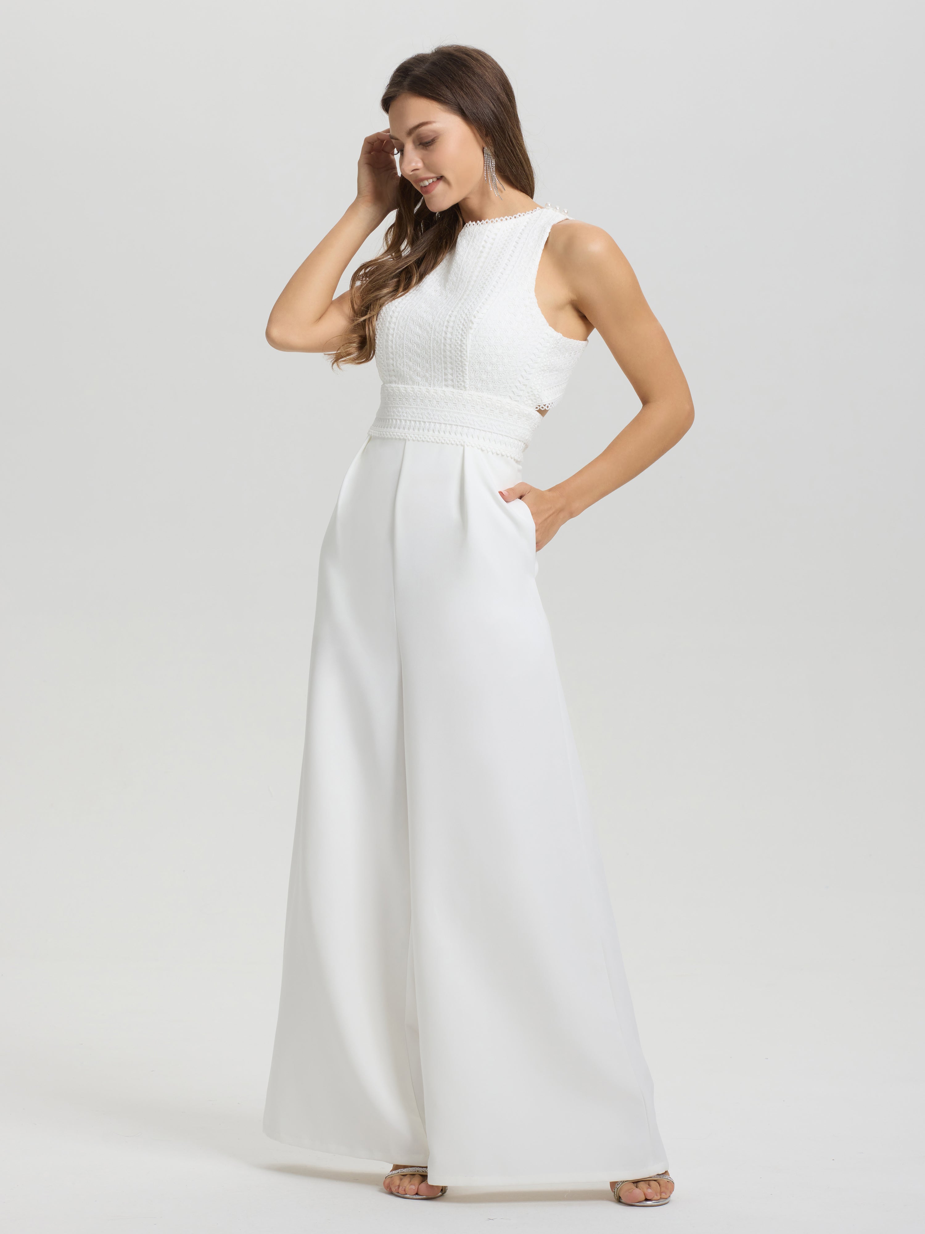 Col Bateau Sans Manches Robe de Mariée Pantalon