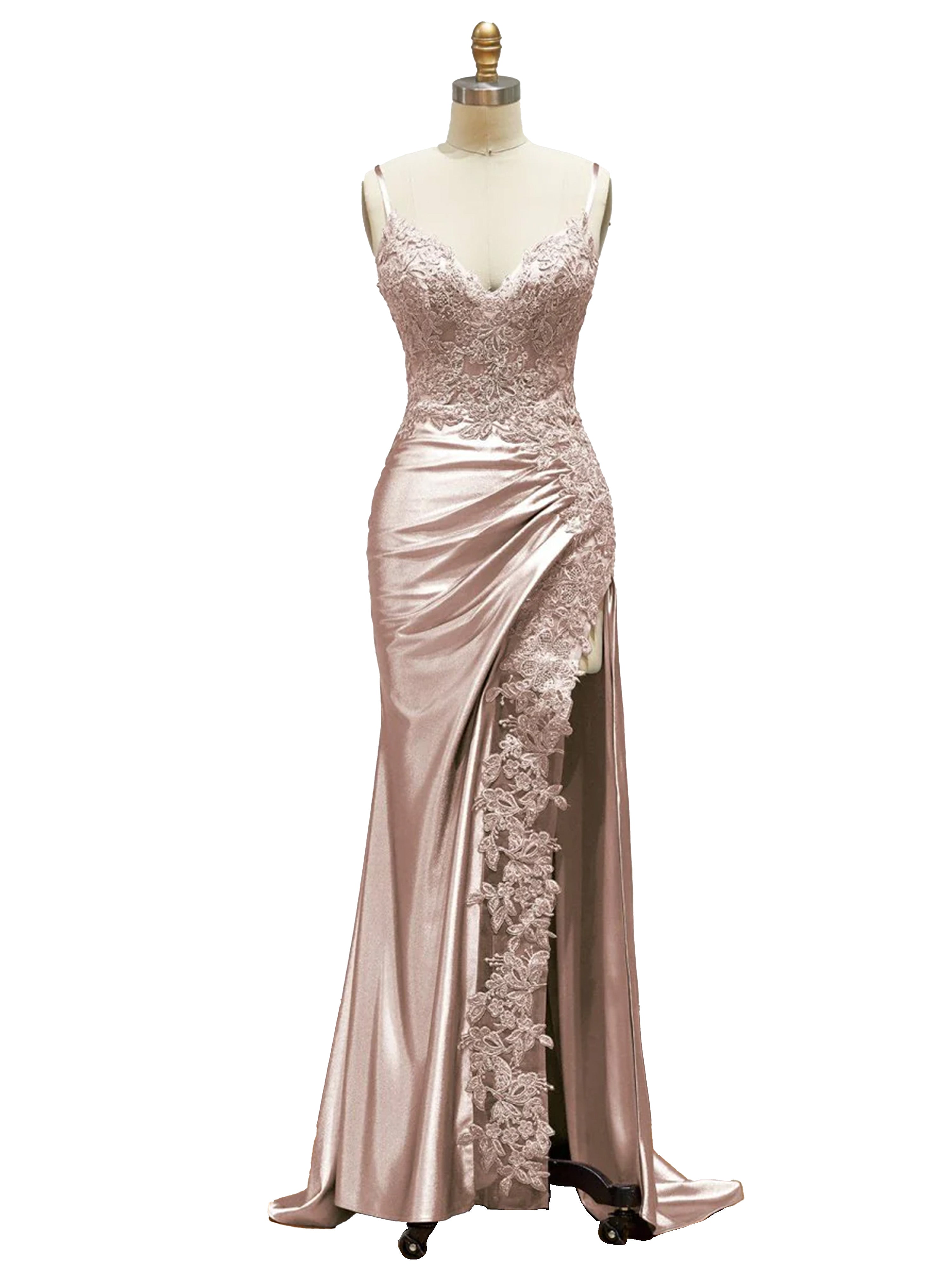 Robe de Soirée ROSE PERLE Col V Bretelles Spaghetti en Dentelle Fourreau Fendue Robe de Bal