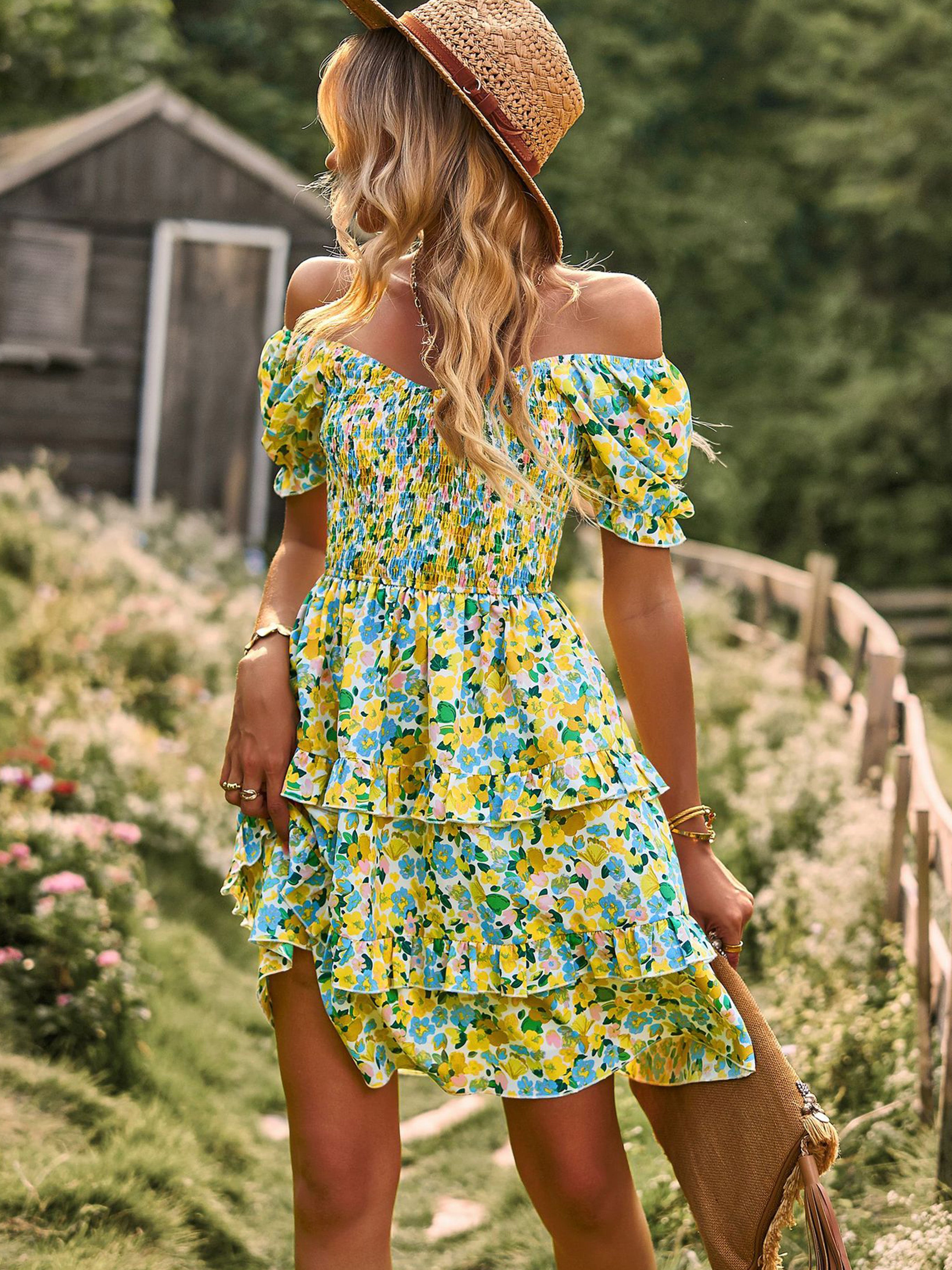 Robe Col Rond Manches Courtes Trapèze Robe Invitée de Mariage en Jaune