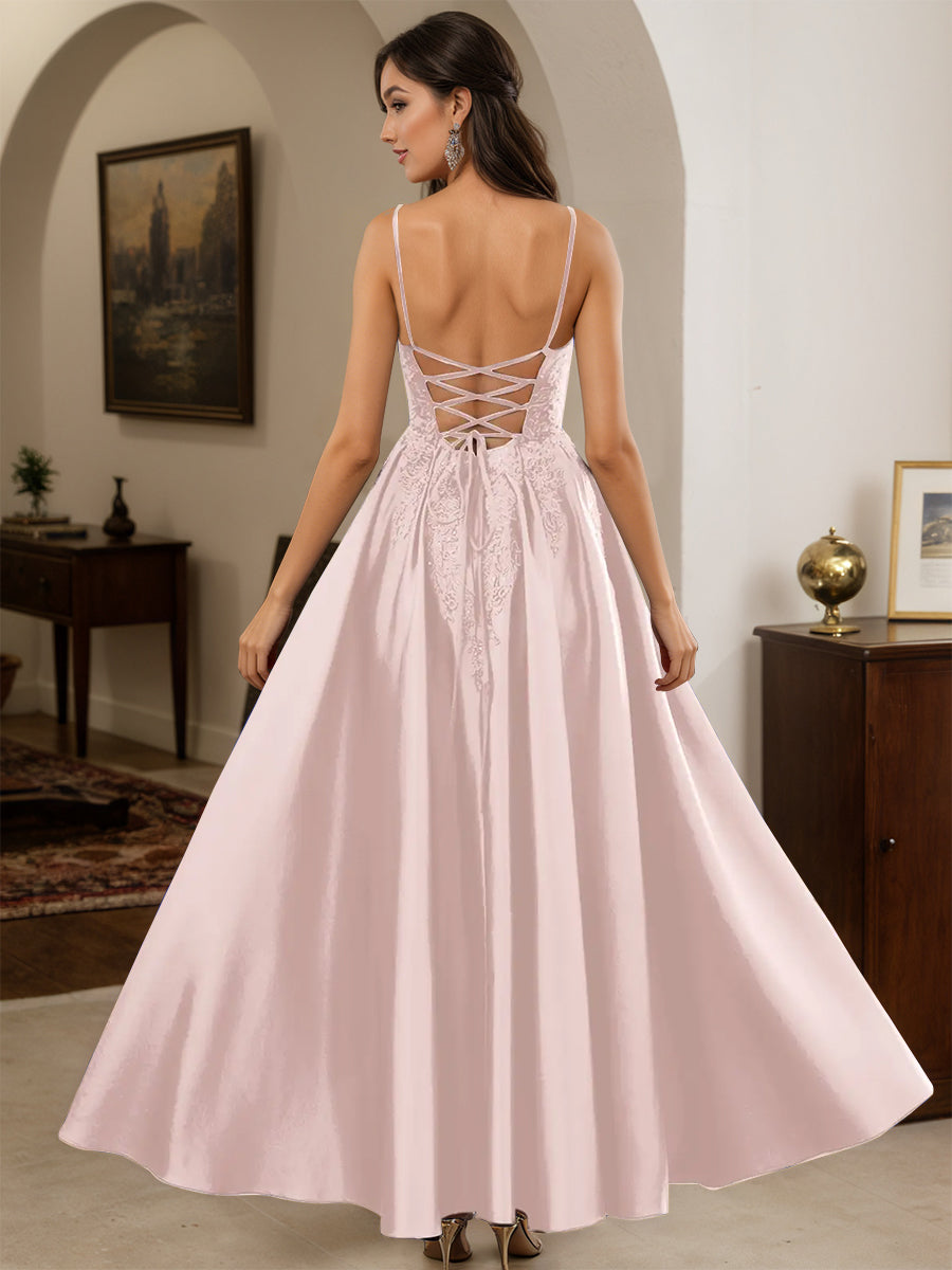 Cicinia Robe de Soirée ROSE PALE Longue A-Line en Satin Appliqués Dentelle Longueur Sol