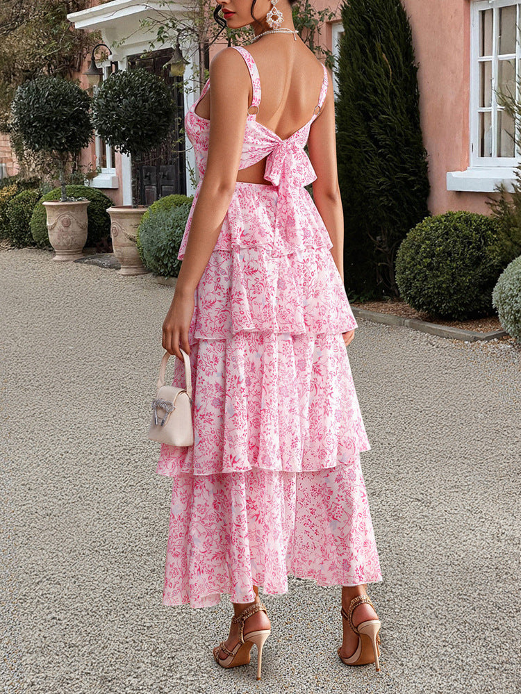 Robe Invitée Mariage Rose Encolure Carrée Bretelles Fines à Superpositions