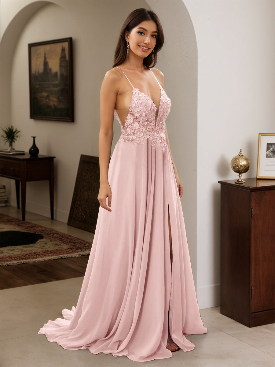 Cicinia Robe de Soirée ROSE POUDRE Longue A-Line en Mousseline à Bretelles Spaghetti Dos Nud