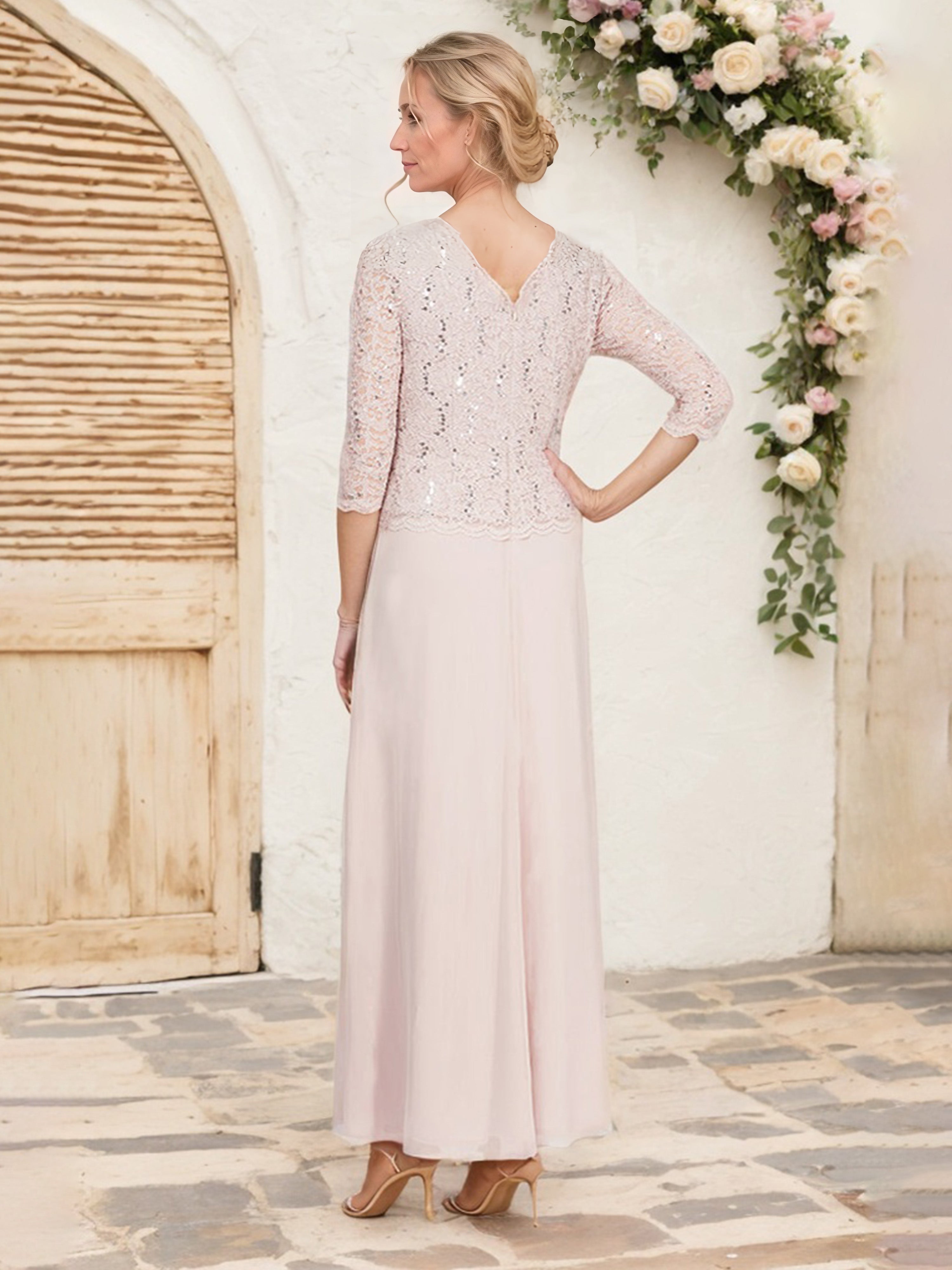Robe Cérémonie Mariage Mère Du Marié Rose Manches 3/4 Dentelle et Mousseline Robe Mère de la Mariée