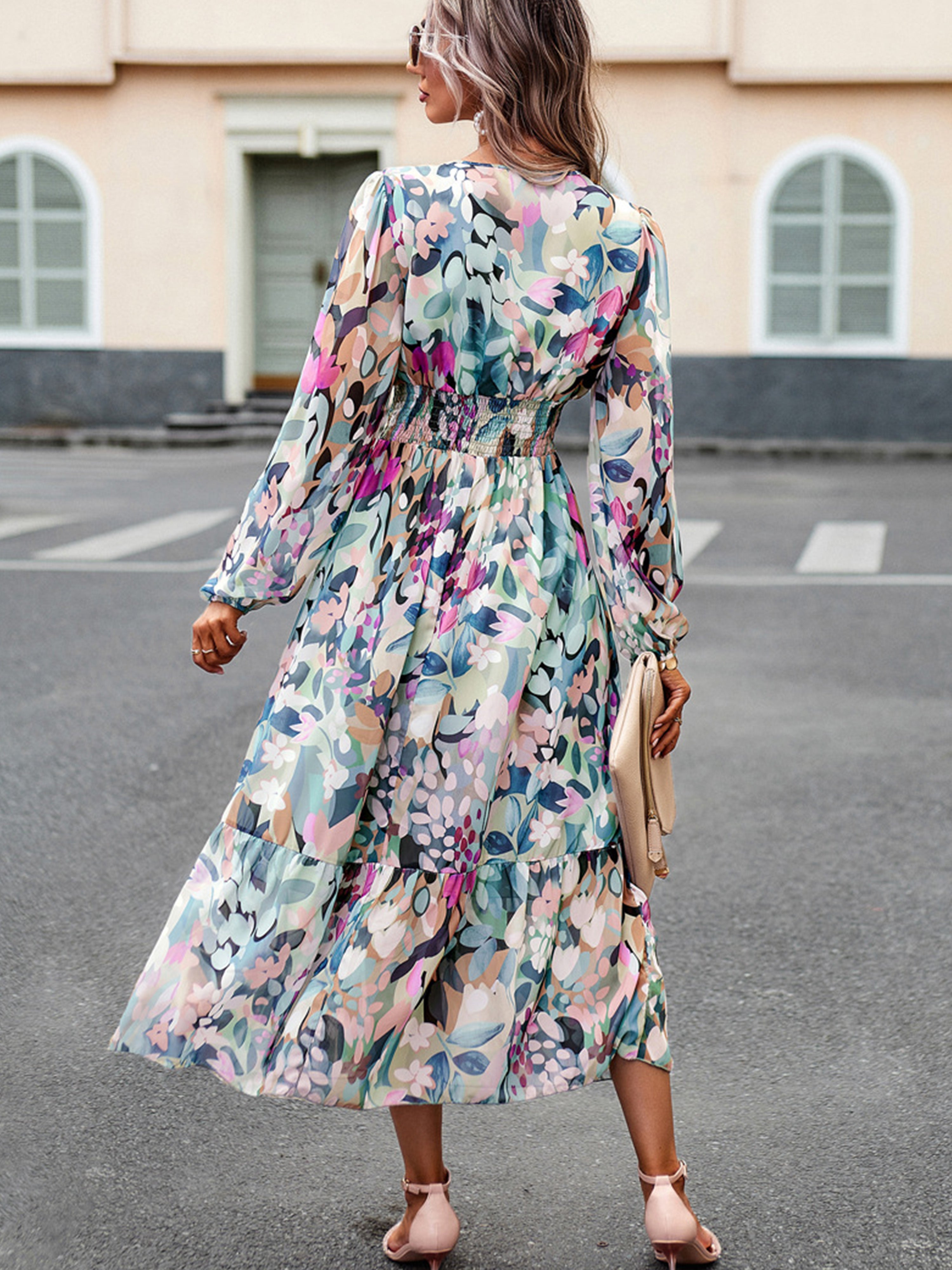 Robe Florale Vert Trapèze Col V Manches Longues Robe Invitée de Mariage