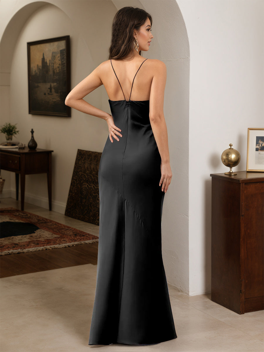 Cicinia Noir Robe de Soirée Longue en Satin Doux Fourreau à Bretelles Spaghetti Fente Longueur Sol Chic