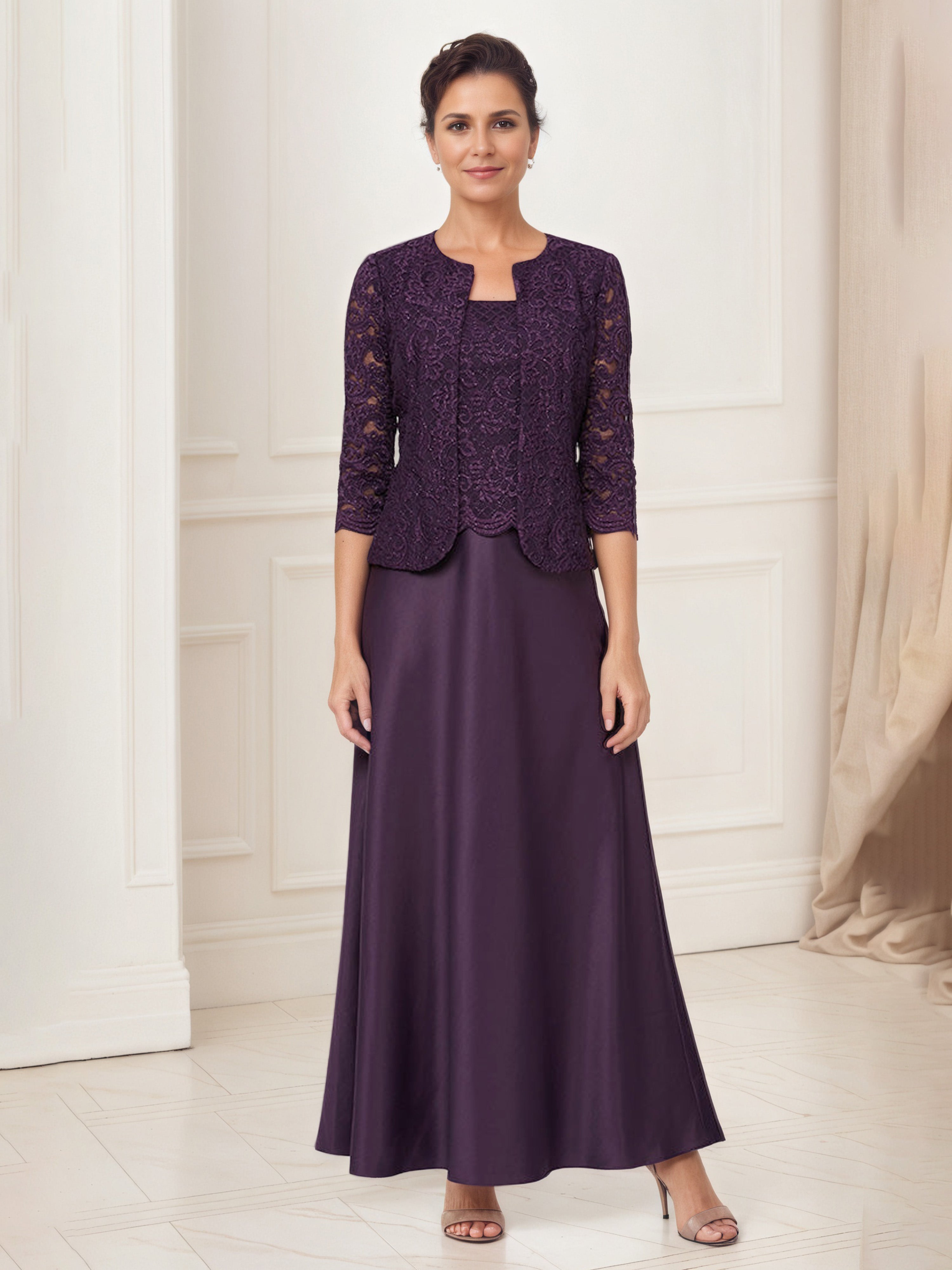 Tenue Mère De la Mariée Très Chic Aubergine Col Rond Robe Ensemble Manches 3/4 Avec Veste en Dentelle