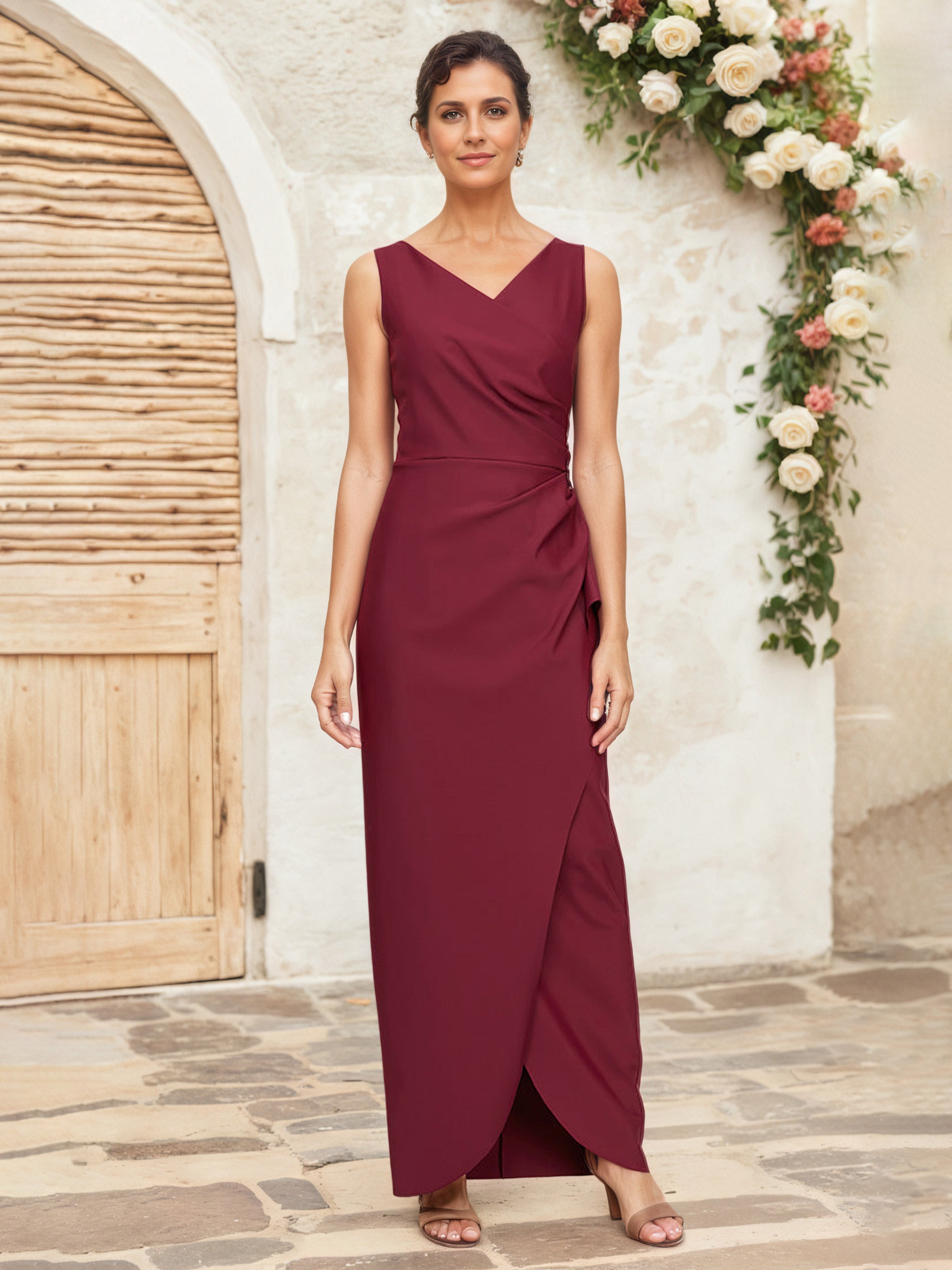 Robe Mère de la Mariée BORDEAUX Fourreau/Colonne Col V Sans Manches