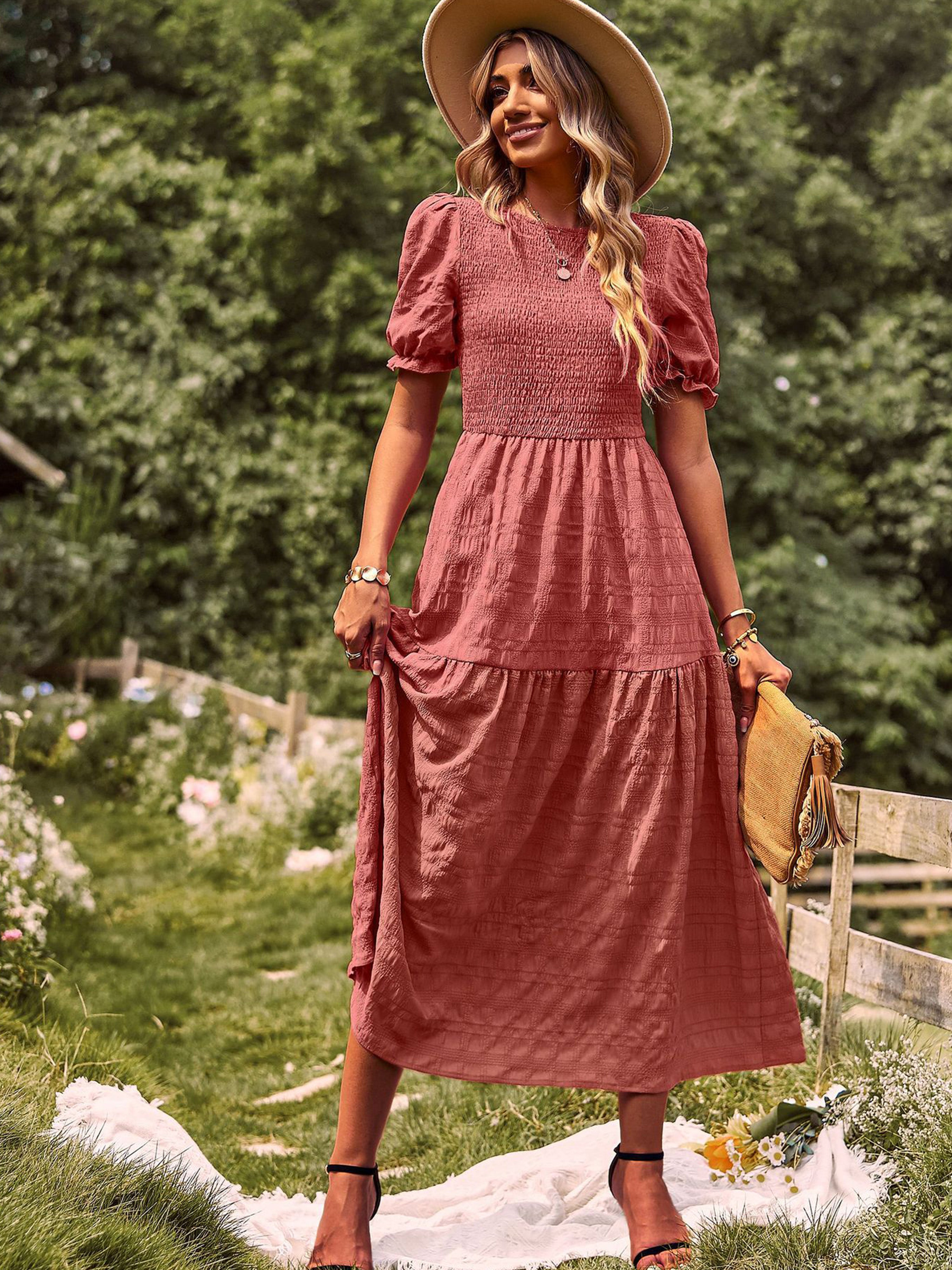 Robe Longue Trapèze Col Rond Manches Courtes à Volants Robe Invitée de Mariage en Orange