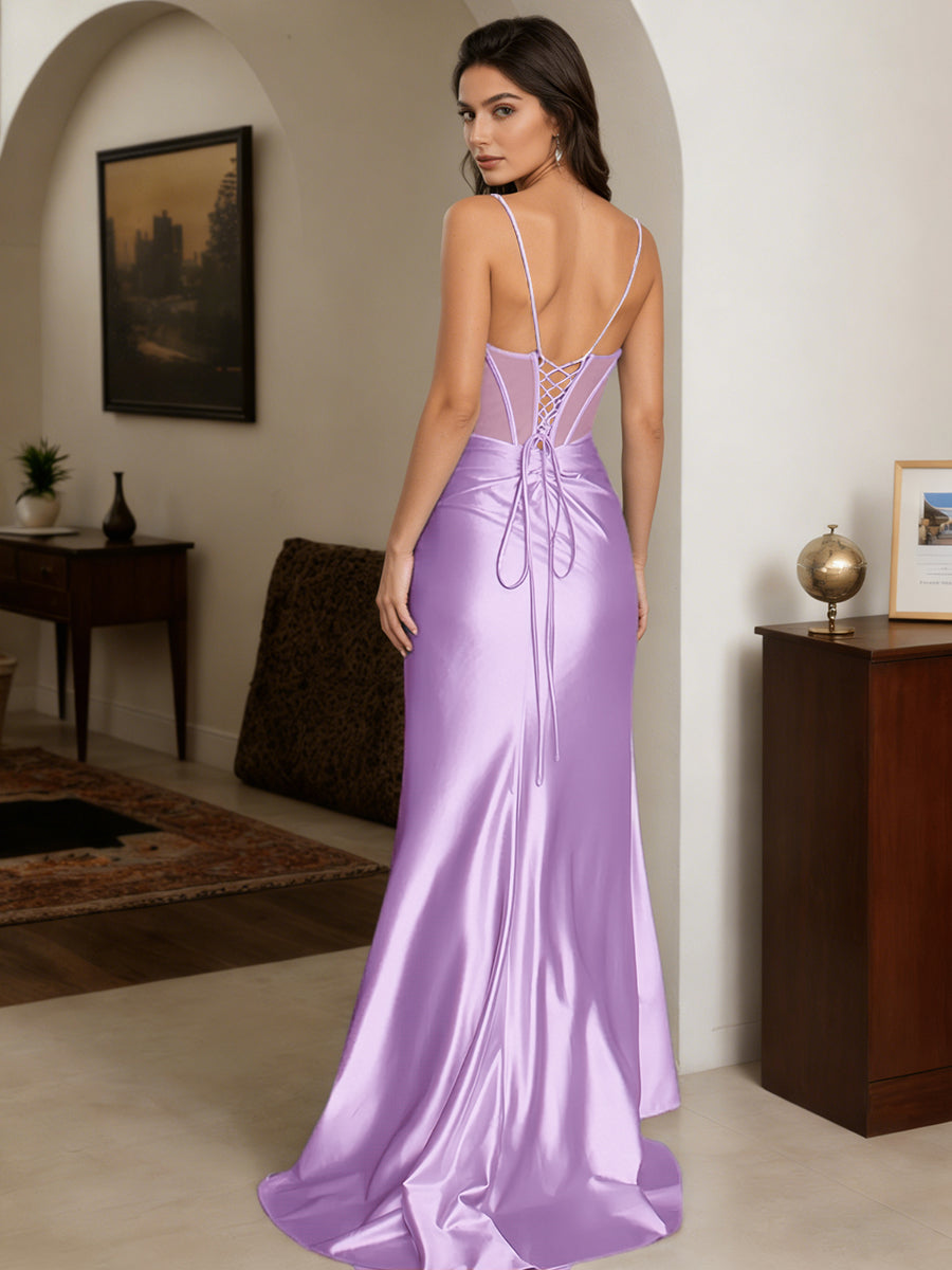 Cicinia Robe de Soirée LILAS Longue en Satin Extensible Perlé Fourreau à Bretelles Spaghetti