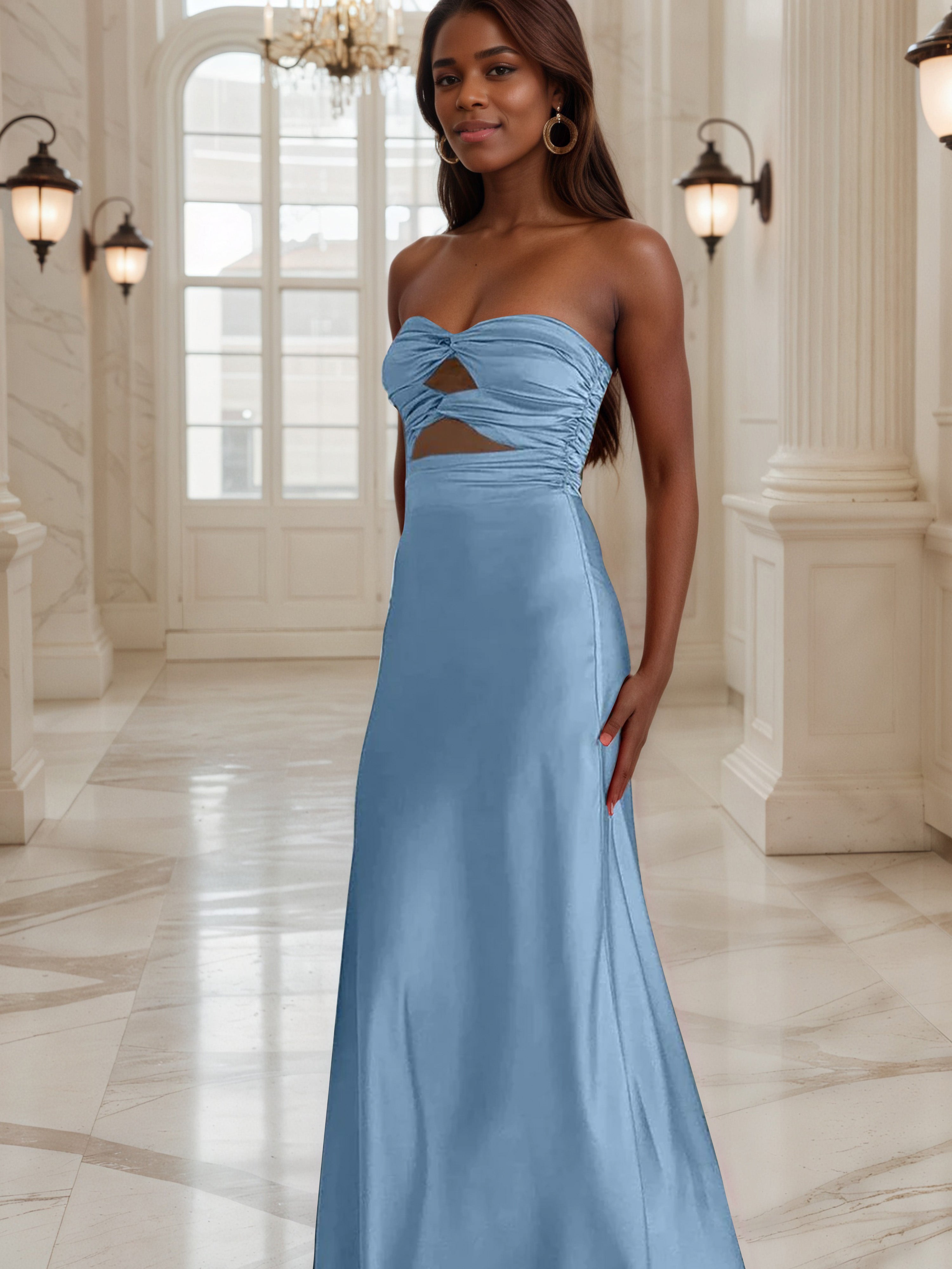 Robe de Soirée BLEU Robe Bustier Fourreau avec Ouverture en Forme de Trou