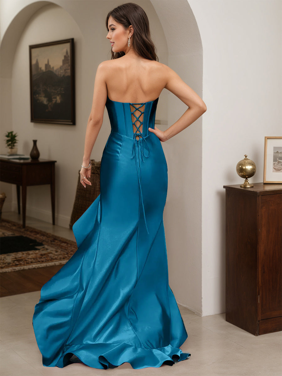 Cicinia Robe de Soirée Bleu Encre Longue Fourreau sans Bretelles à Volants