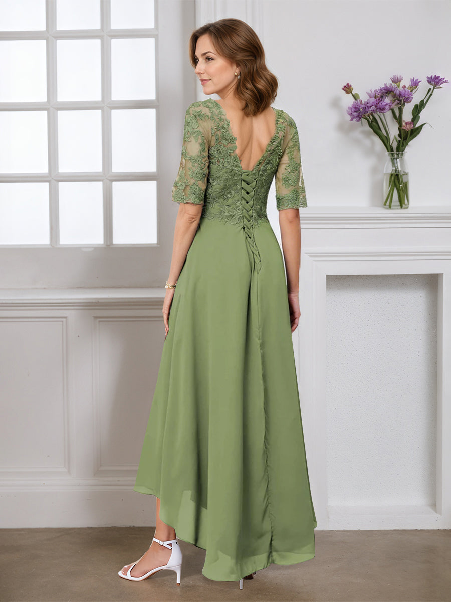 Cicinia Robe pour Mère de la Mariée SAUGE POUDREE Longue A-Line en Mousseline Dentelle Manches Demi-longues Décolleté en V Ourlet Asymétrique