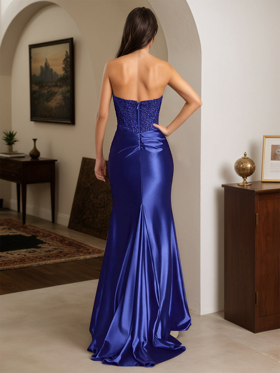 Cicinia Robe de Soirée BLEU MARINE Longue en Satin Extensible Fourreau sans Bretelles Appliqués Dentelle