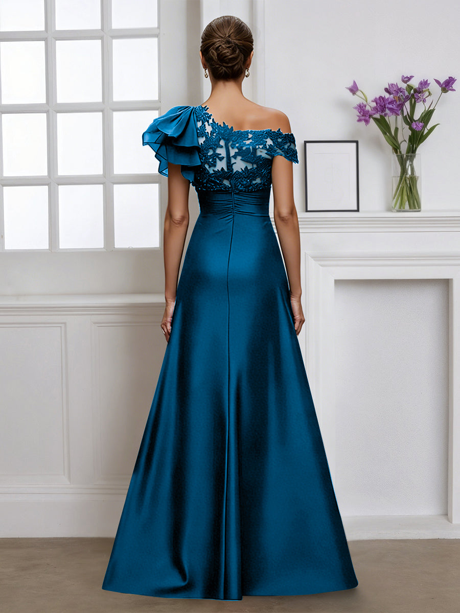 Cicinia Robe pour Mère de la Mariée BLEU ENCRE Longue A-Line Une Épaule Longueur Sol