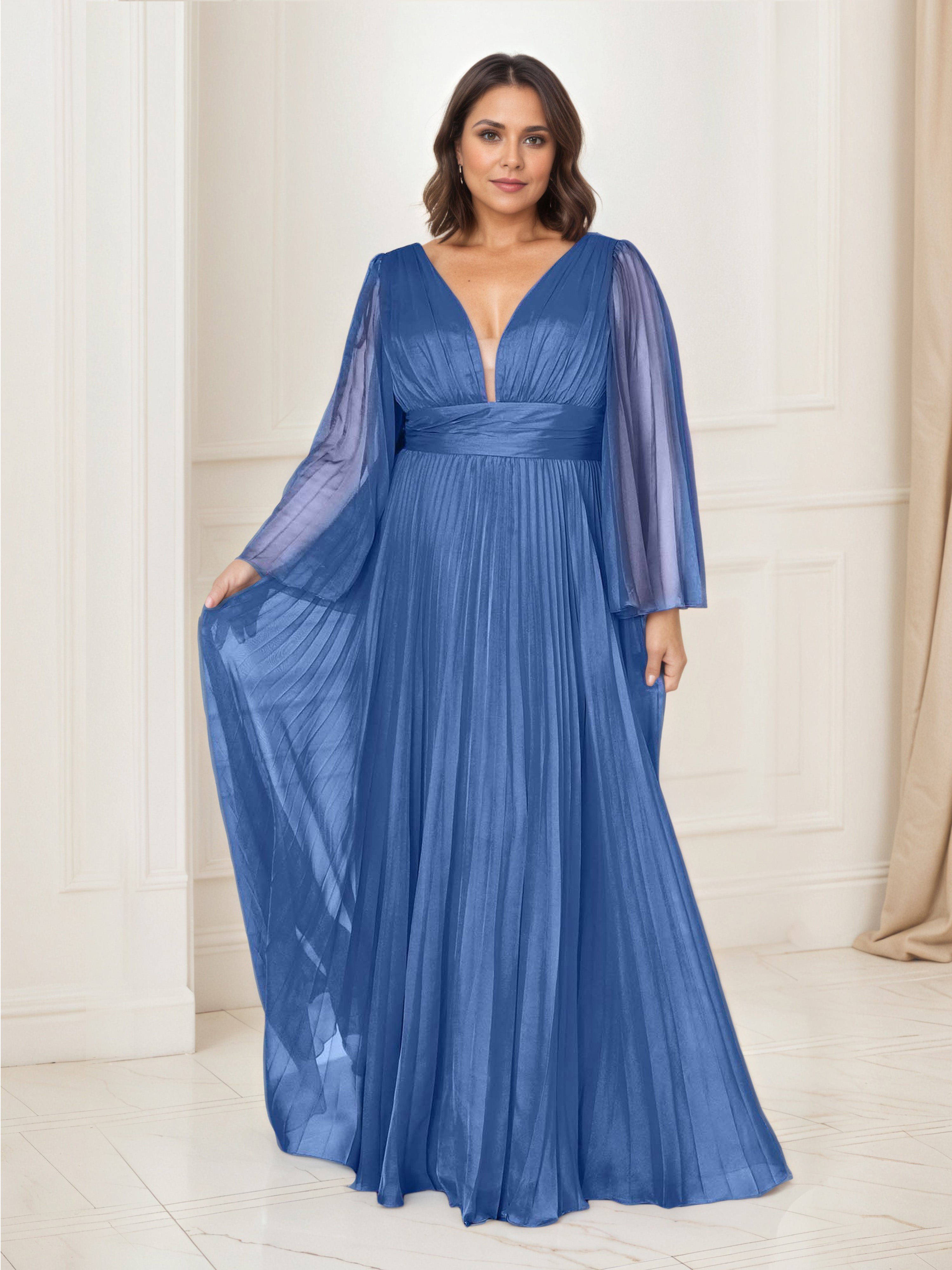 Robe de Soirée Longue Plissée BLEU Col V Robe Mousseline Trapèze Manches Longue