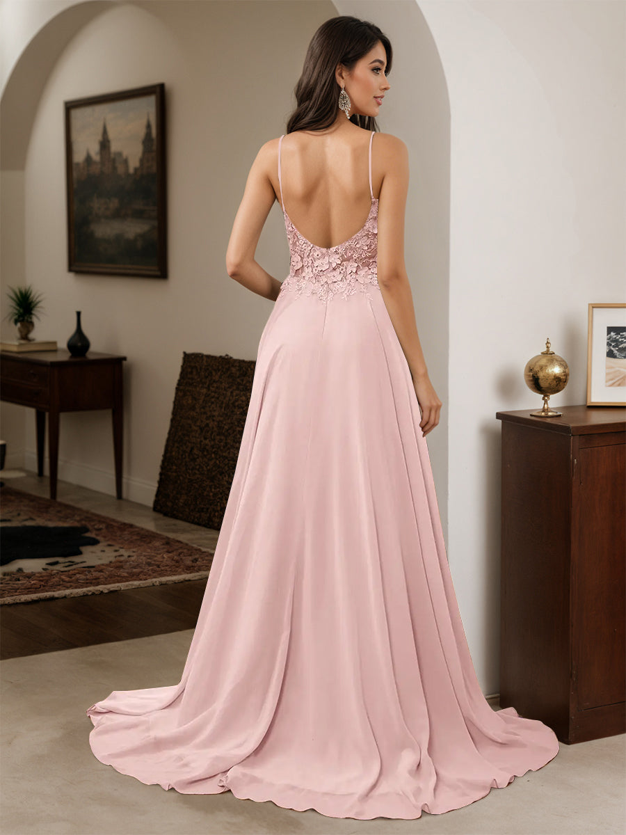 Cicinia Robe de Soirée ROSE POUDRE Longue A-Line en Mousseline à Bretelles Spaghetti Dos Nud