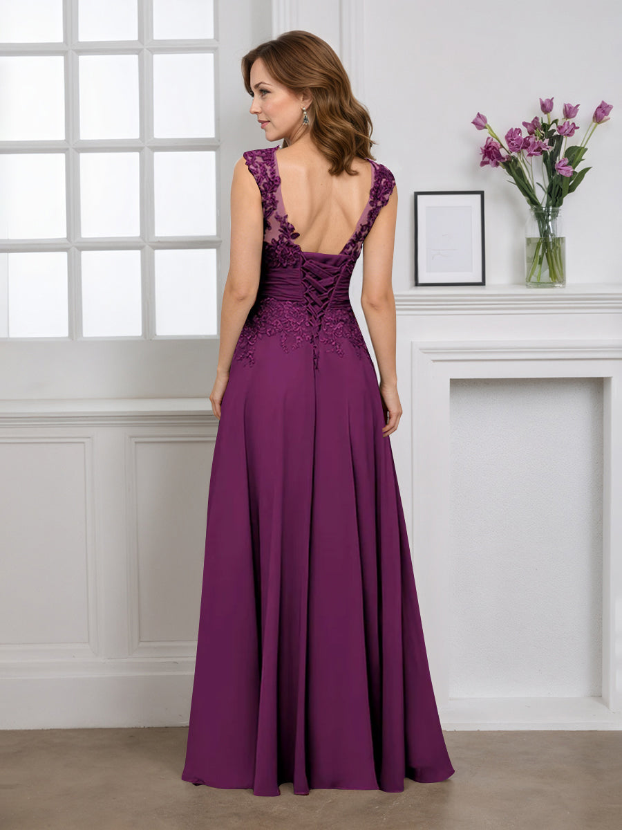 Cicinia Robe pour Mère de la Mariée Raisin Longue A-Line en Mousseline Appliqués Dentelle Décolleté en V Longueur Sol