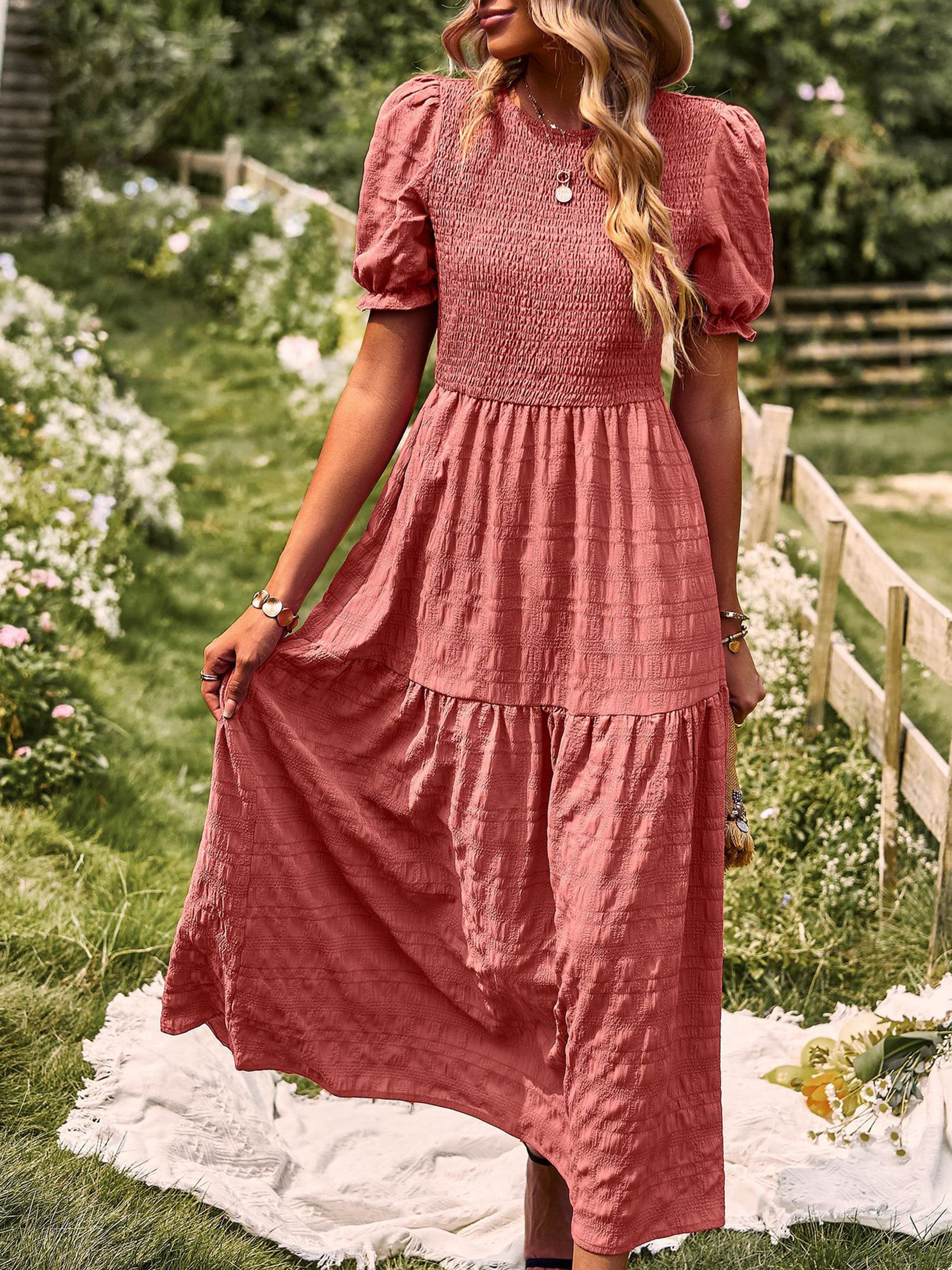 Robe Longue Trapèze Col Rond Manches Courtes à Volants Robe Invitée de Mariage en Orange